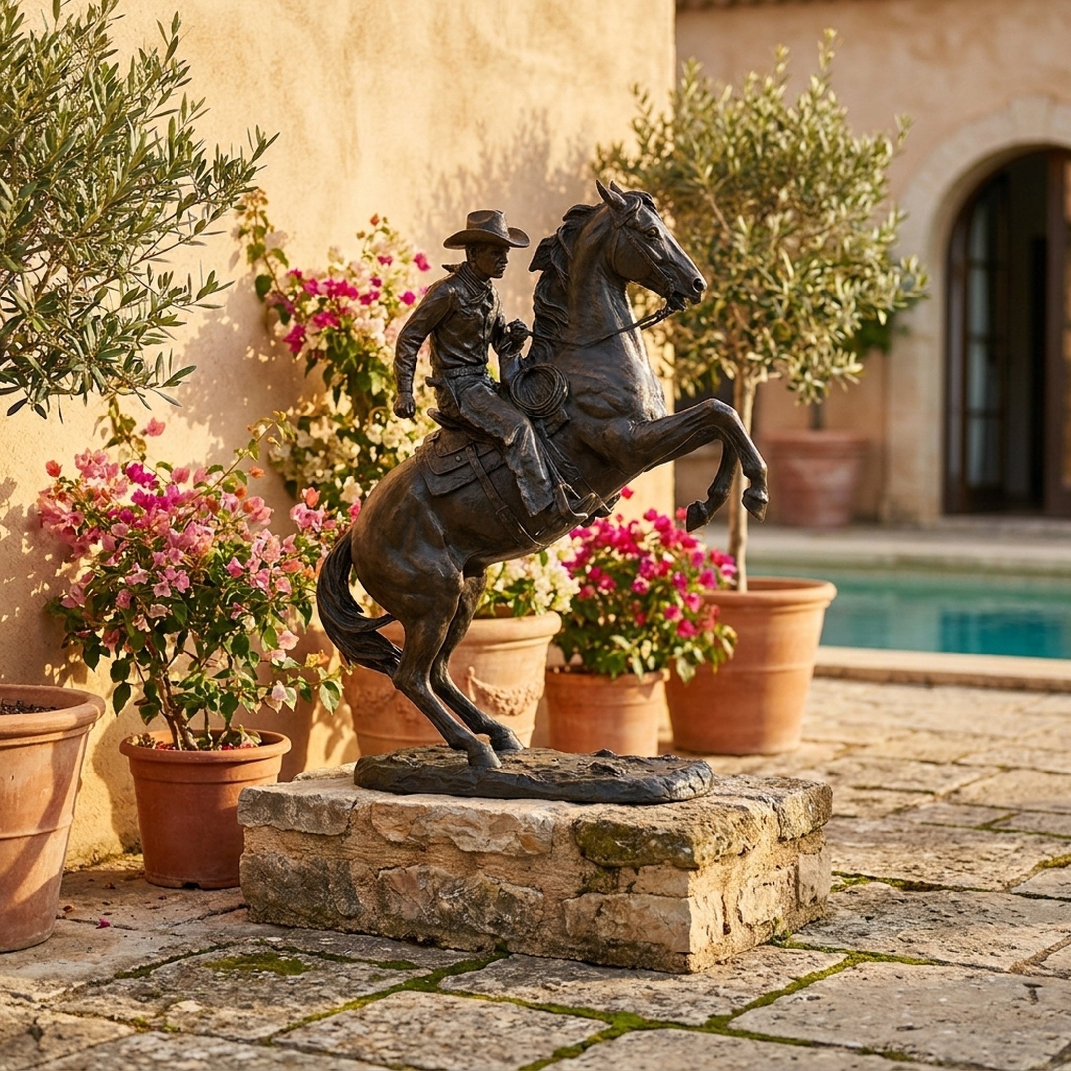 Monumental Traditional Cowboy Riding Rearing Horse Bronze Sculpture by Giant Sculptures on a stone plinth in a Mediterranean courtyard with bougainvillea and pool.