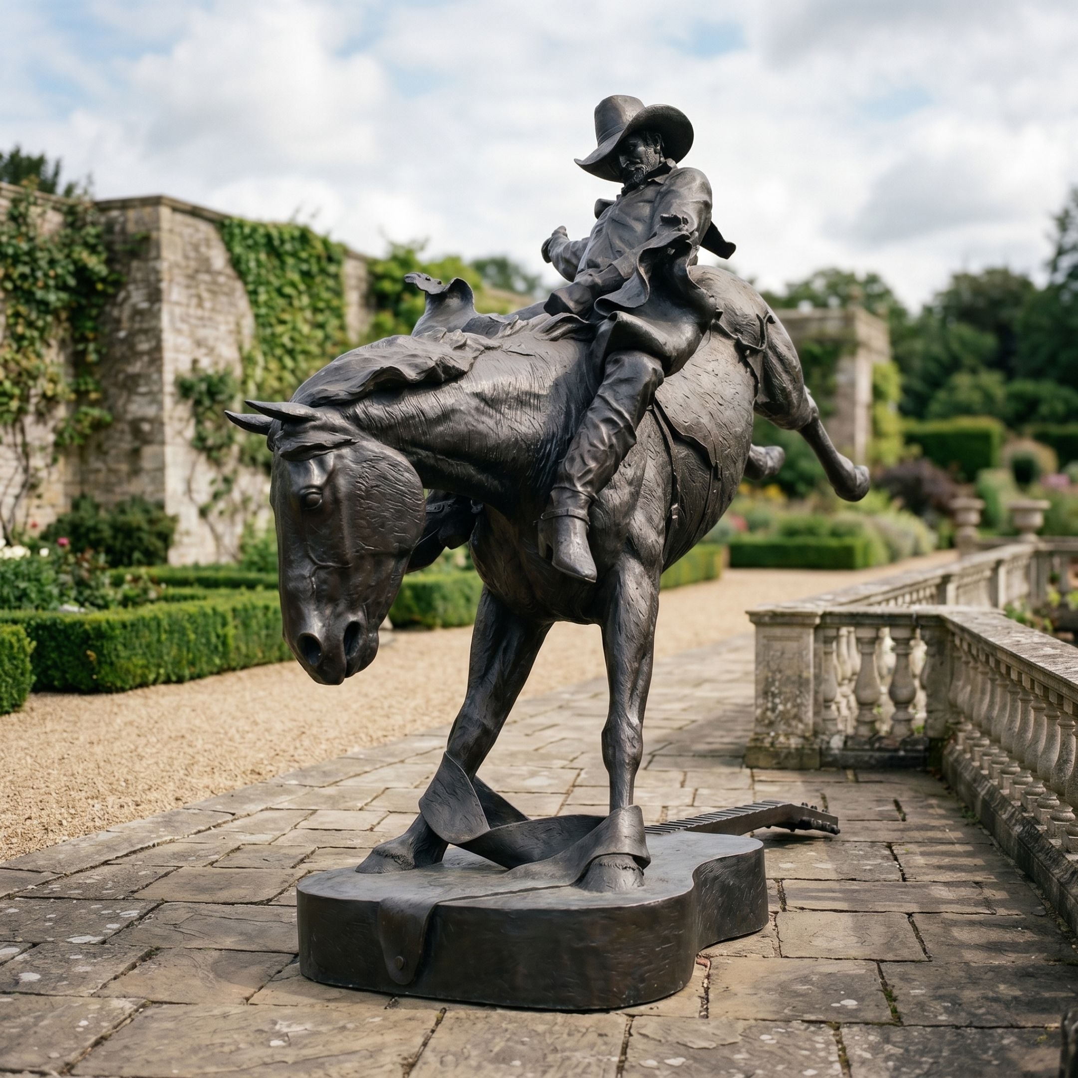 Monumental Traditional Cowboy Riding Rearing Horse Bronze Sculpture by Giant Sculptures, 300cm dark patina figure on guitar-shaped base in a formal garden.