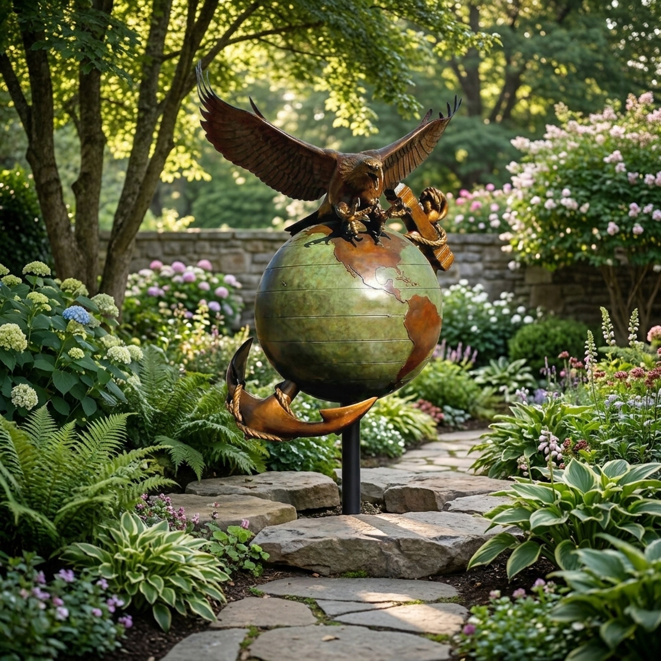 Monumental Traditional Eagle Globe and Anchor Bronze Sculpture by Giant Sculptures, green and gold patina, displayed on a stone path in a flowering garden.