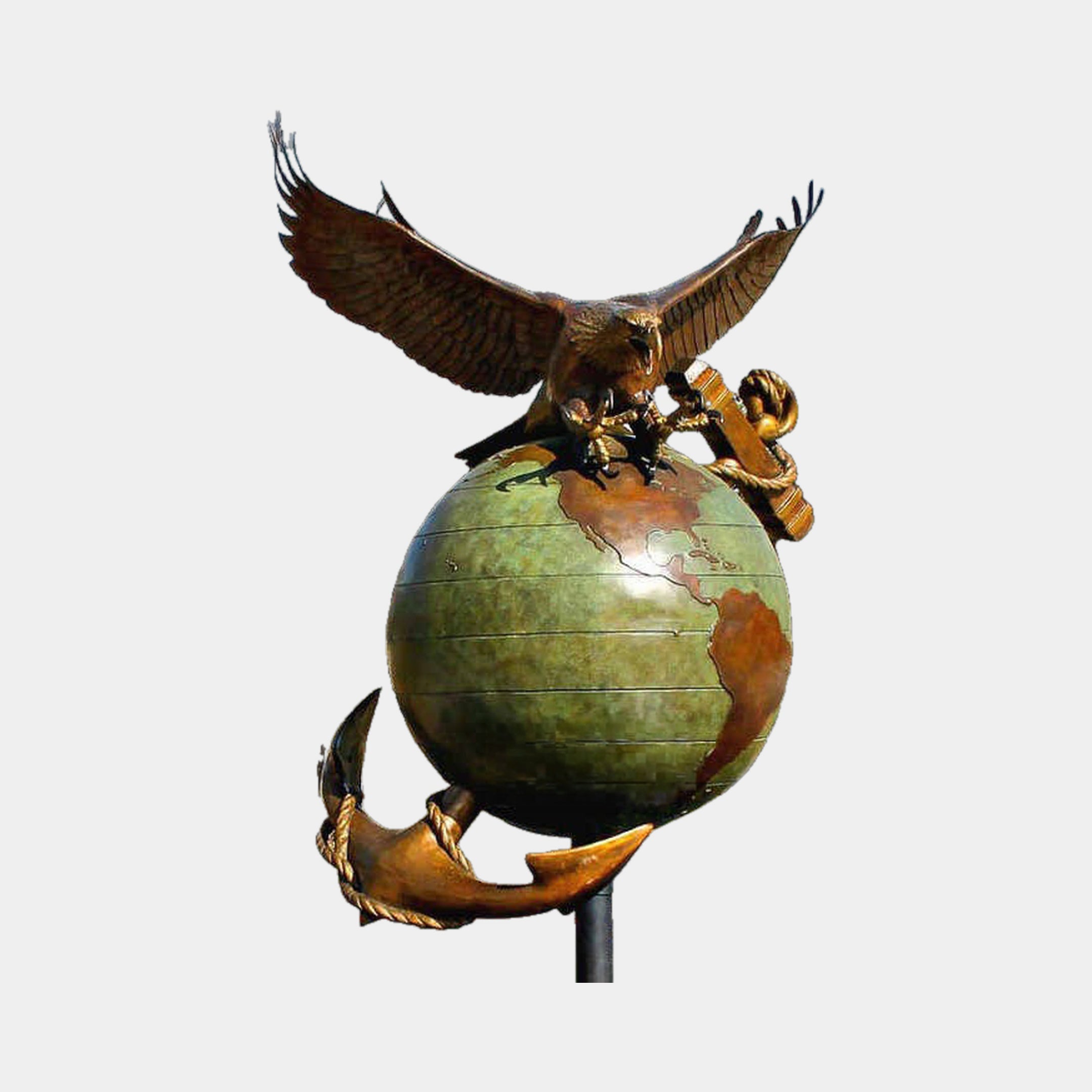 Giant Sculptures Monumental Traditional Eagle Globe and Anchor Bronze Sculpture 400cm with spread-wing eagle atop a green and rust globe with anchor.