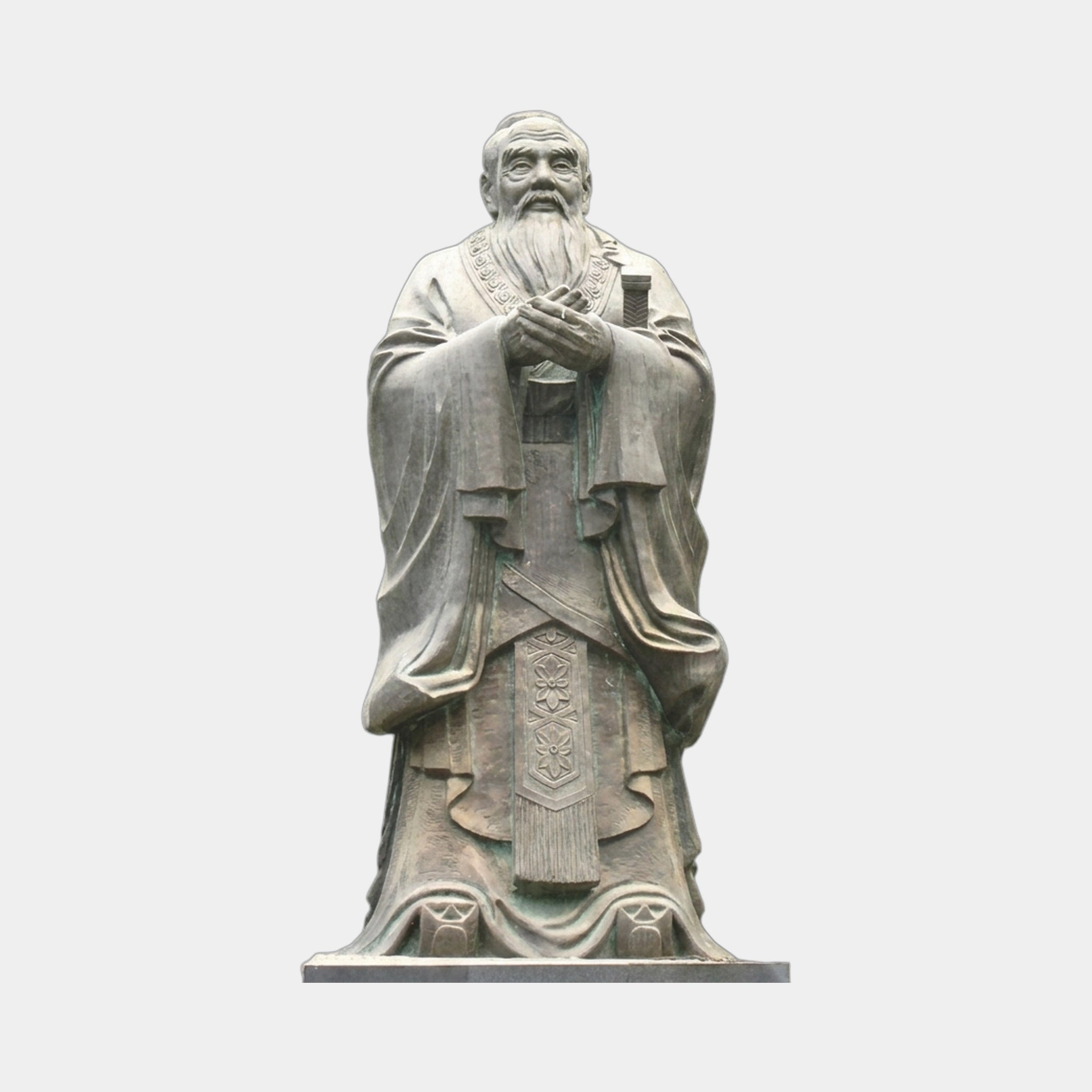 Monumental Traditional Elder Scholar Bronze Statue by Giant Sculptures, 350cm robed figure with long beard and clasped hands, weathered dark patina, plain background.