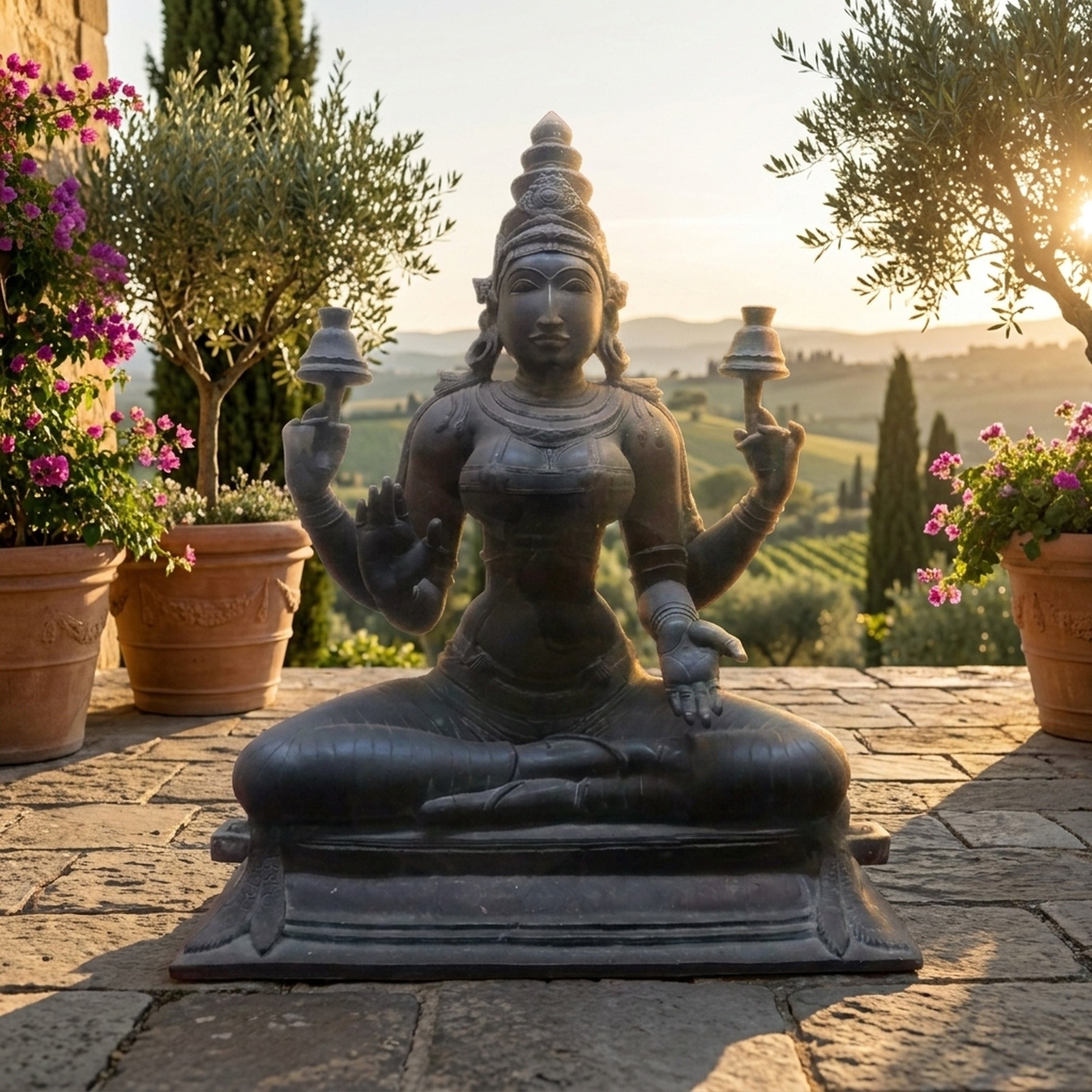 Monumental Traditional Four-Armed Goddess Bronze Statue by Giant Sculptures, seated in padmasana with dark patina, on a Tuscan terrace with olive trees and vineyard views.