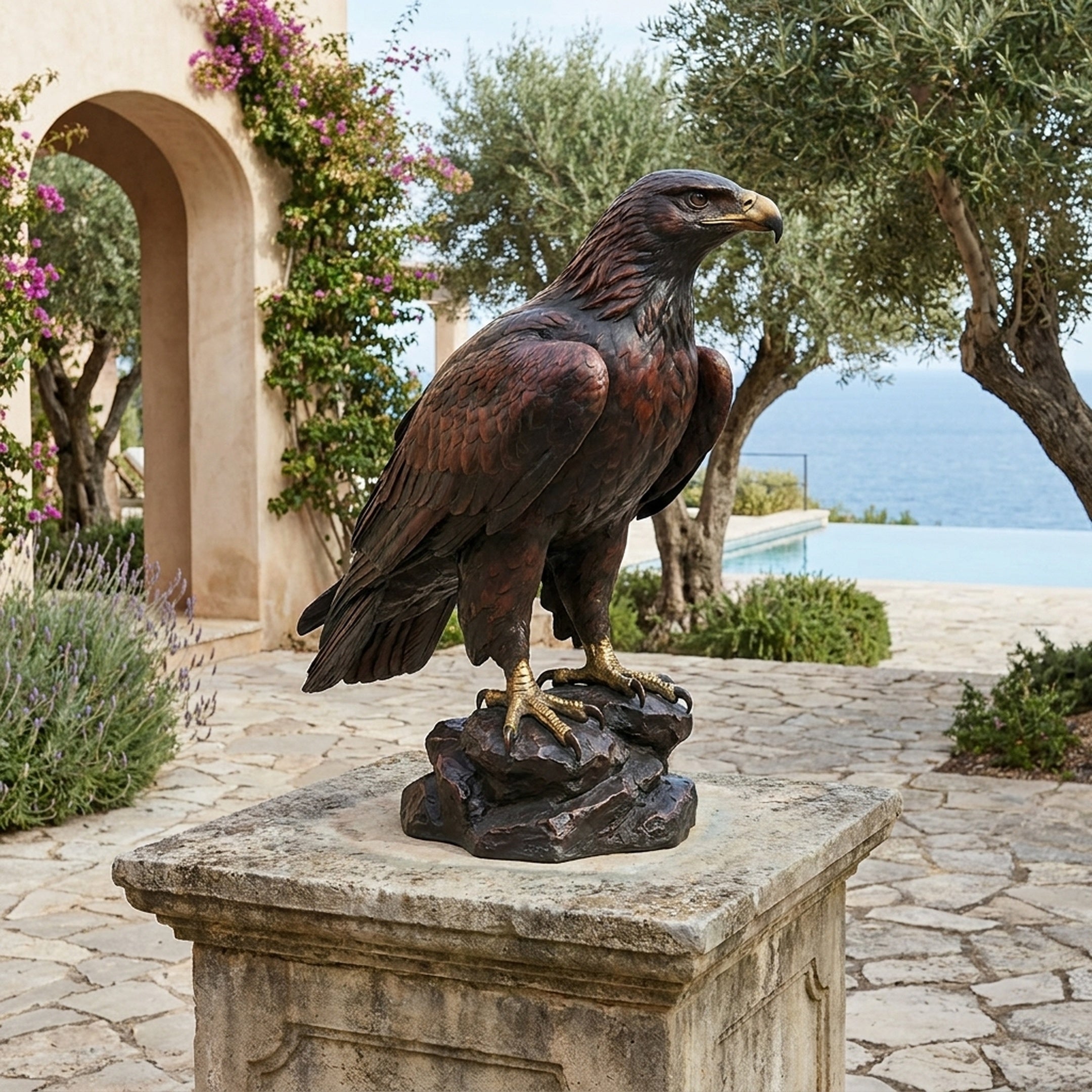 Monumental Traditional Landing Eagle Bronze Sculpture by Giant Sculptures with dark patina and gold talons, displayed on a stone plinth overlooking the sea.