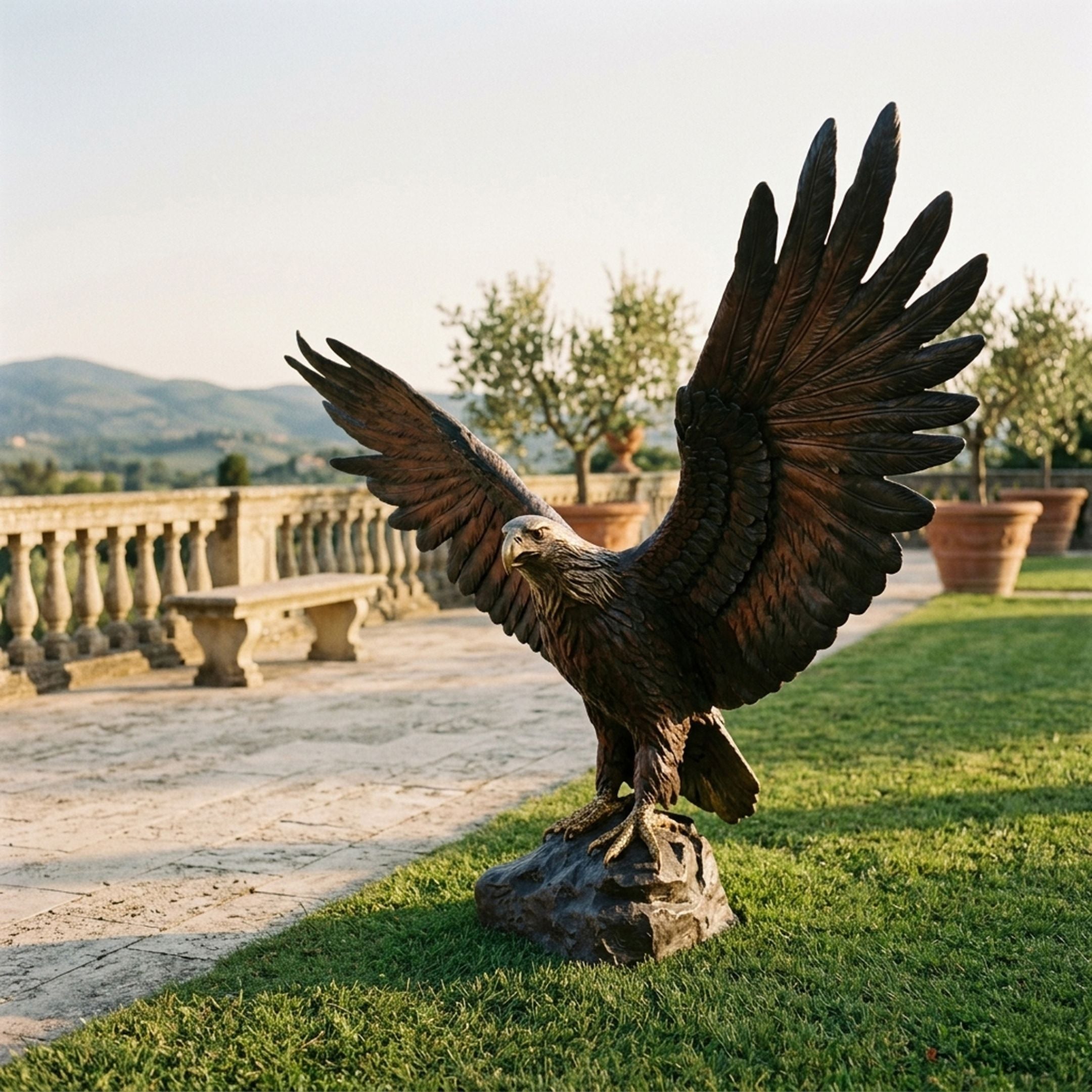Monumental Traditional Landing Eagle Bronze Sculpture by Giant Sculptures with wings raised on a rocky base, displayed on a terrace overlooking Tuscan hills.