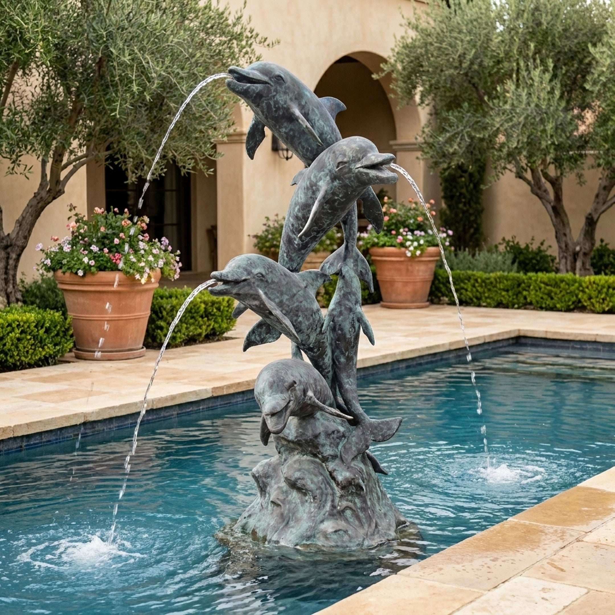 Monumental Traditional Leaping Dolphins Bronze Fountain by Giant Sculptures with verdigris patina, water arcing from four dolphins into a poolside setting.