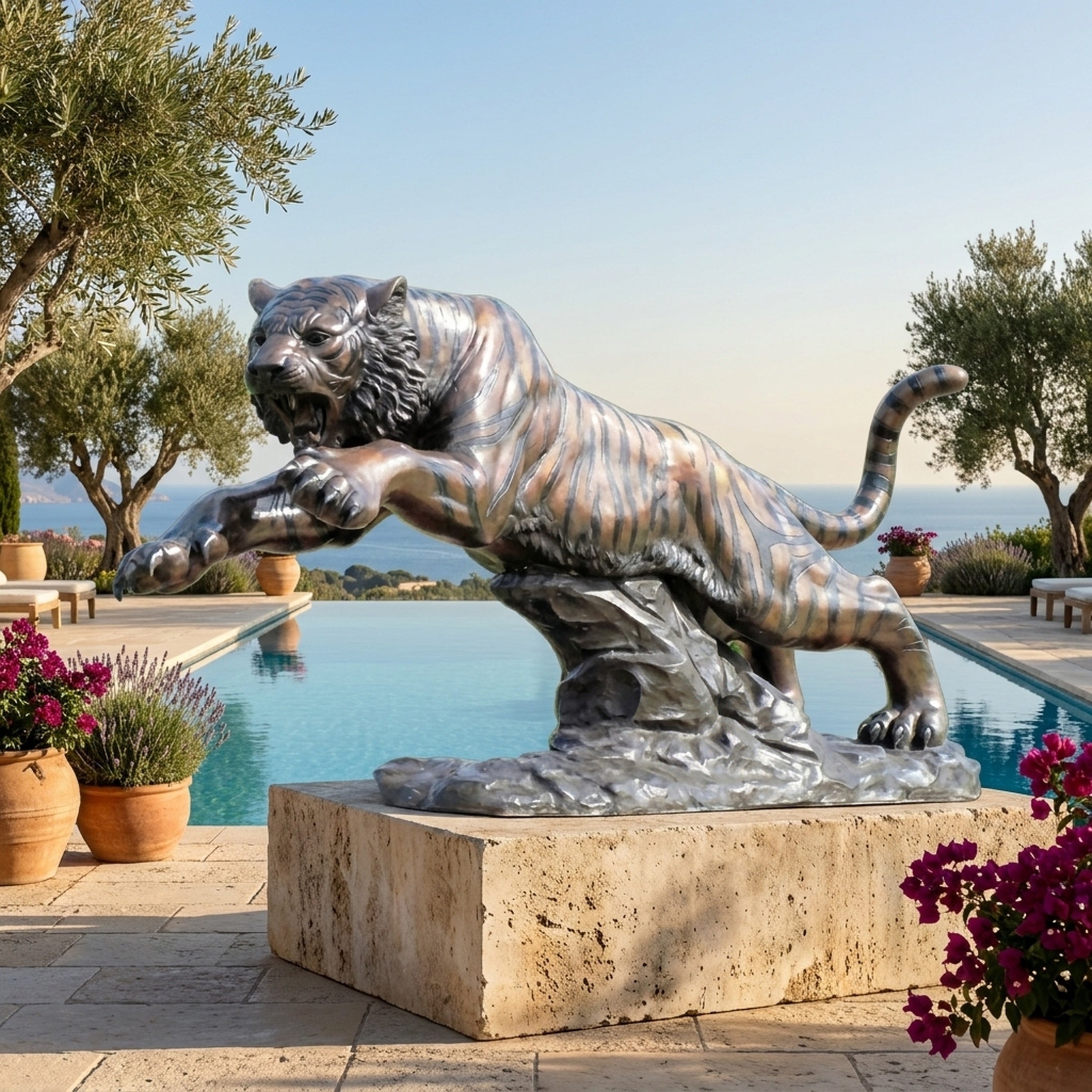 Giant Sculptures Monumental Leaping Tiger Bronze Sculpture 300cm on a stone plinth beside an infinity pool, with olive trees and sea view behind.