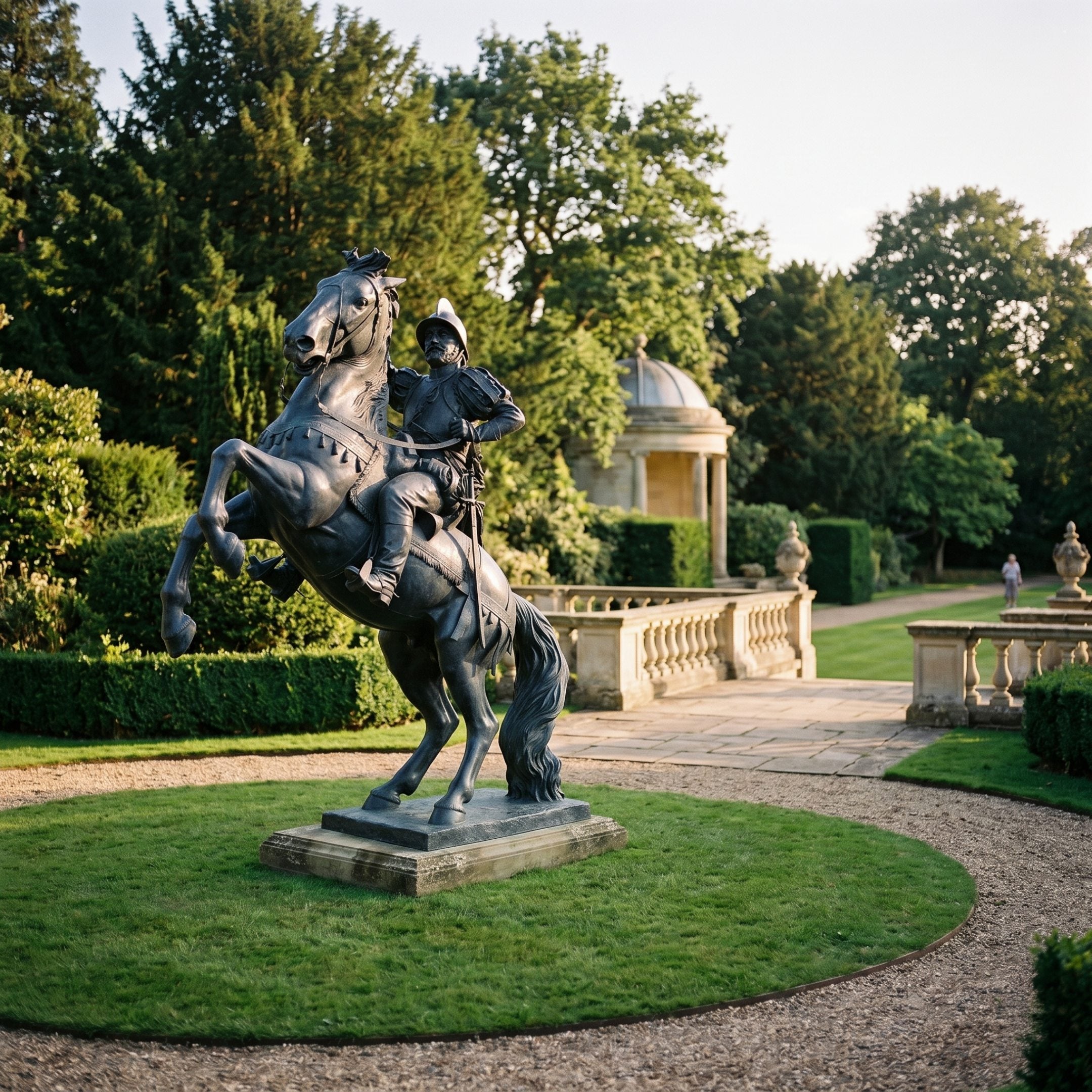Monumental Traditional Mounted Soldier and Rearing Horse Bronze Sculpture by Giant Sculptures on a granite base in a formal garden with a domed pavilion.