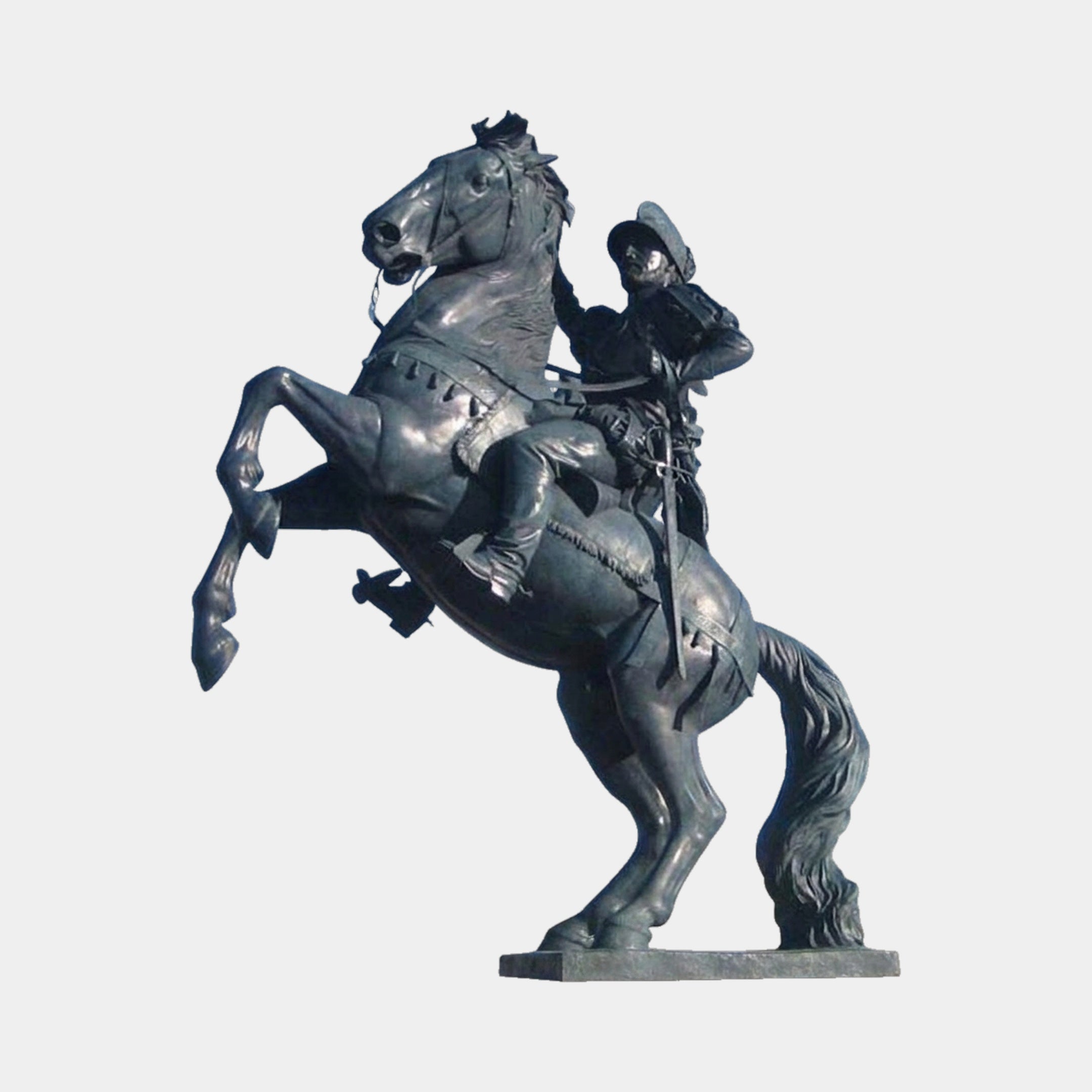 Giant Sculptures' 320cm Monumental Mounted Soldier and Rearing Horse Bronze Sculpture in dark patina, shown side-on with sword in hand, on a granite base.