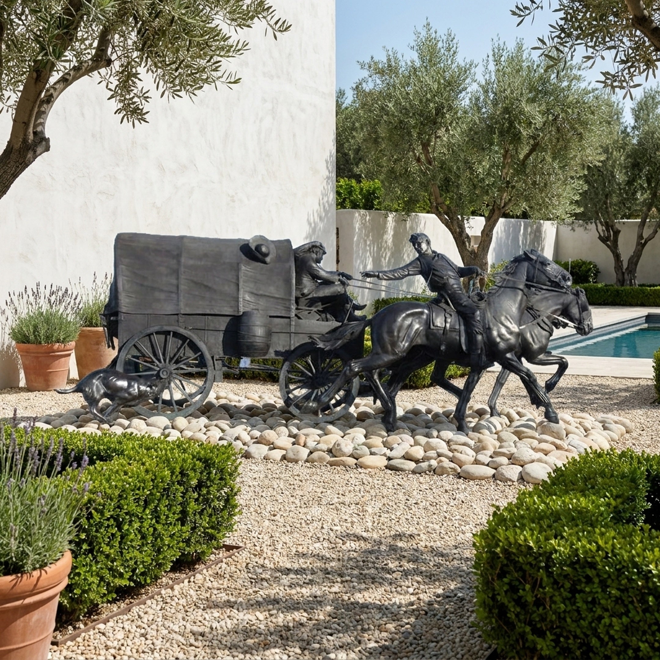 Monumental Traditional Pioneer Covered Wagon with Horse Team Bronze Sculpture by Giant Sculptures, displayed on river stones in a Mediterranean poolside garden with olive trees.