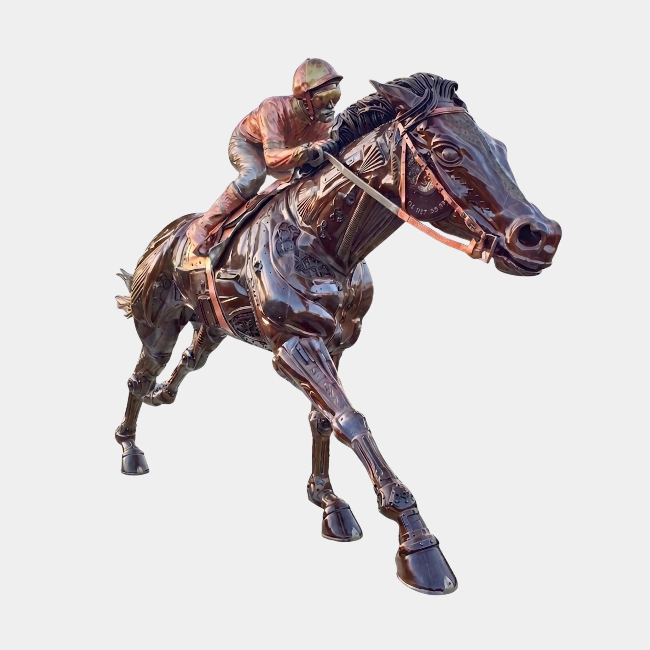 Monumental Traditional Racehorse and Jockey Bronze Sculpture by Giant Sculptures, shown mid-gallop with the jockey crouched low, against a plain light background.