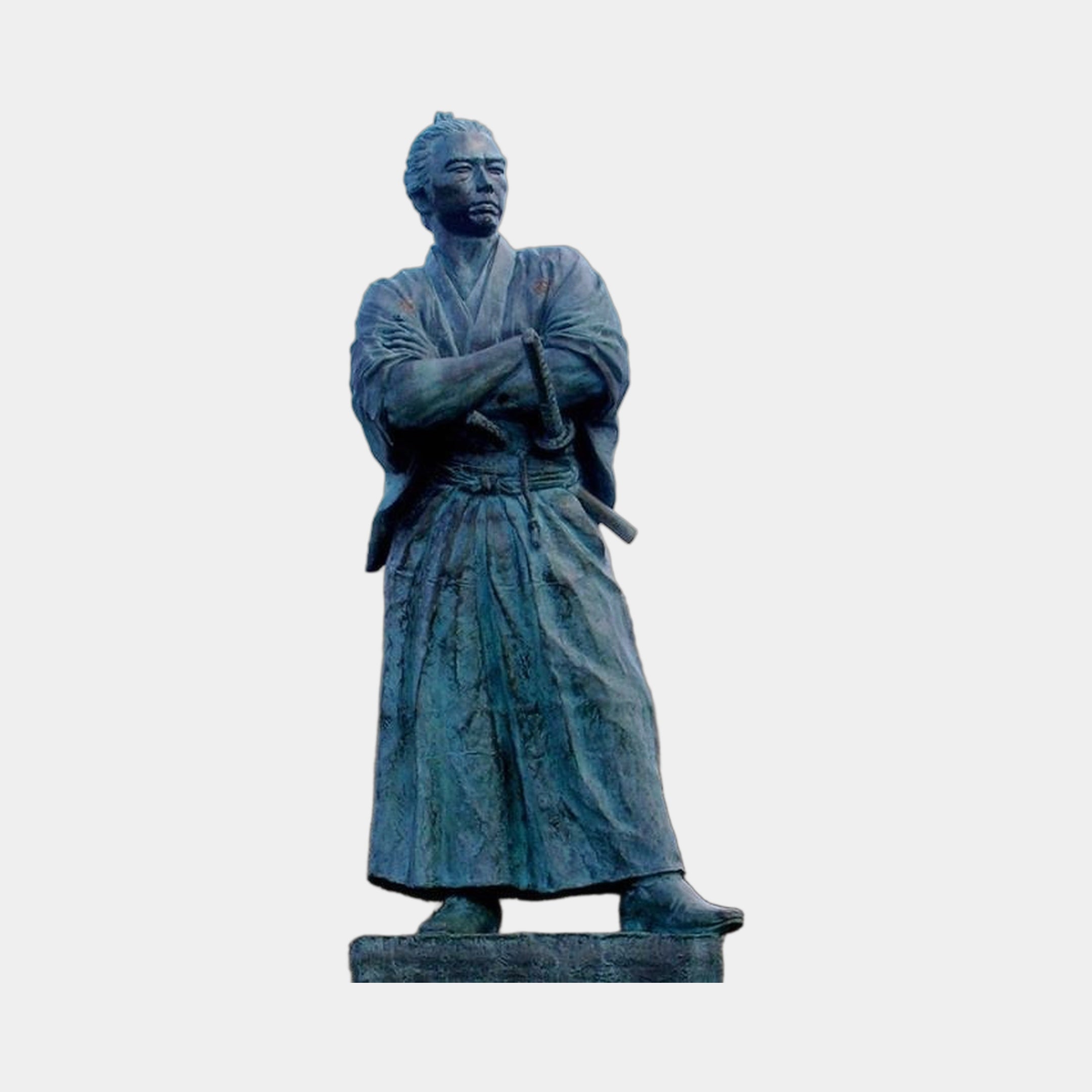 Monumental Traditional Samurai Warrior Bronze Sculpture by Giant Sculptures, 350cm cast bronze figure with verdigris patina, arms folded and katana at hip.