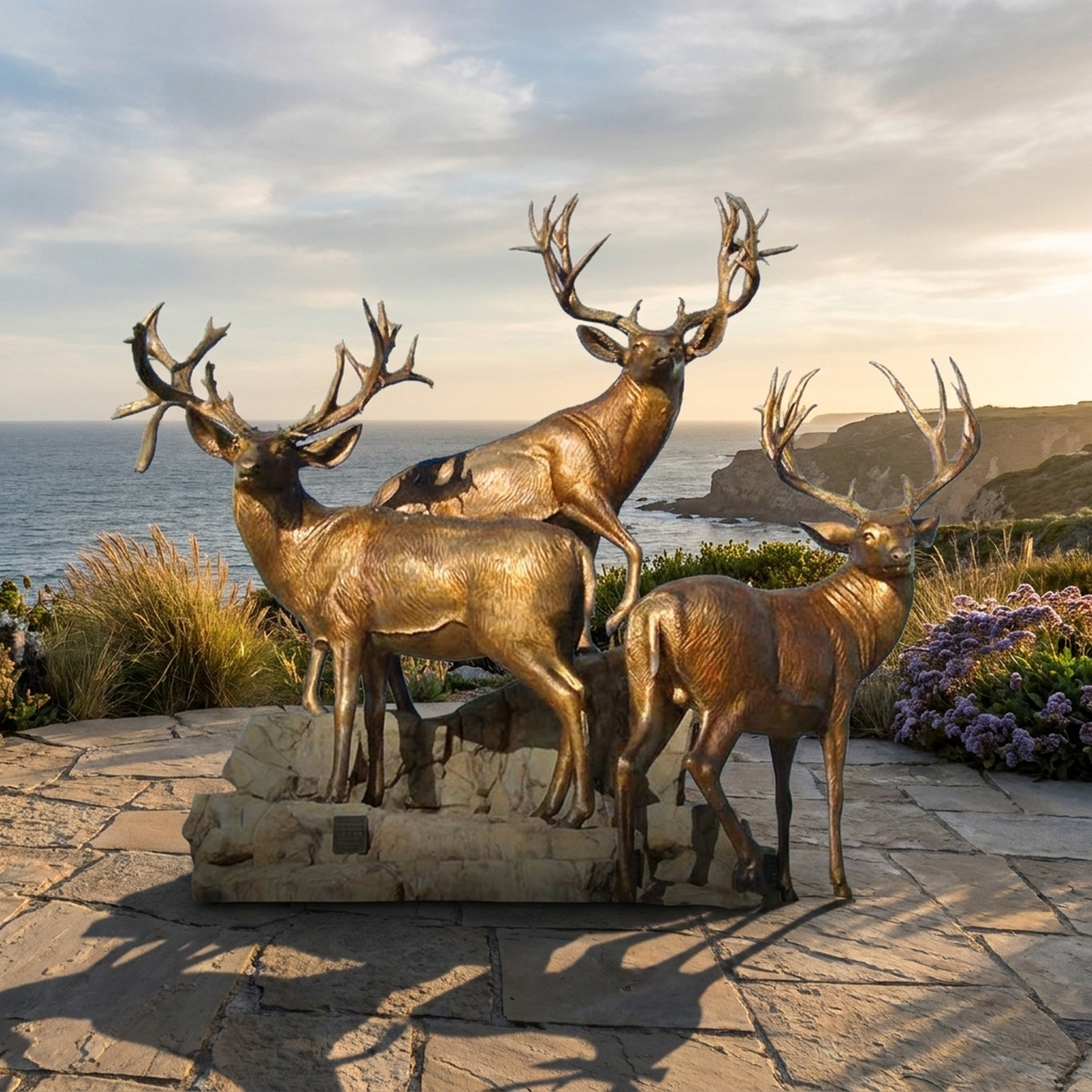Giant Sculptures Monumental Traditional Stag Group Bronze Sculpture 280cm, four warm-toned elk on a stacked stone base, displayed on a coastal terrace.