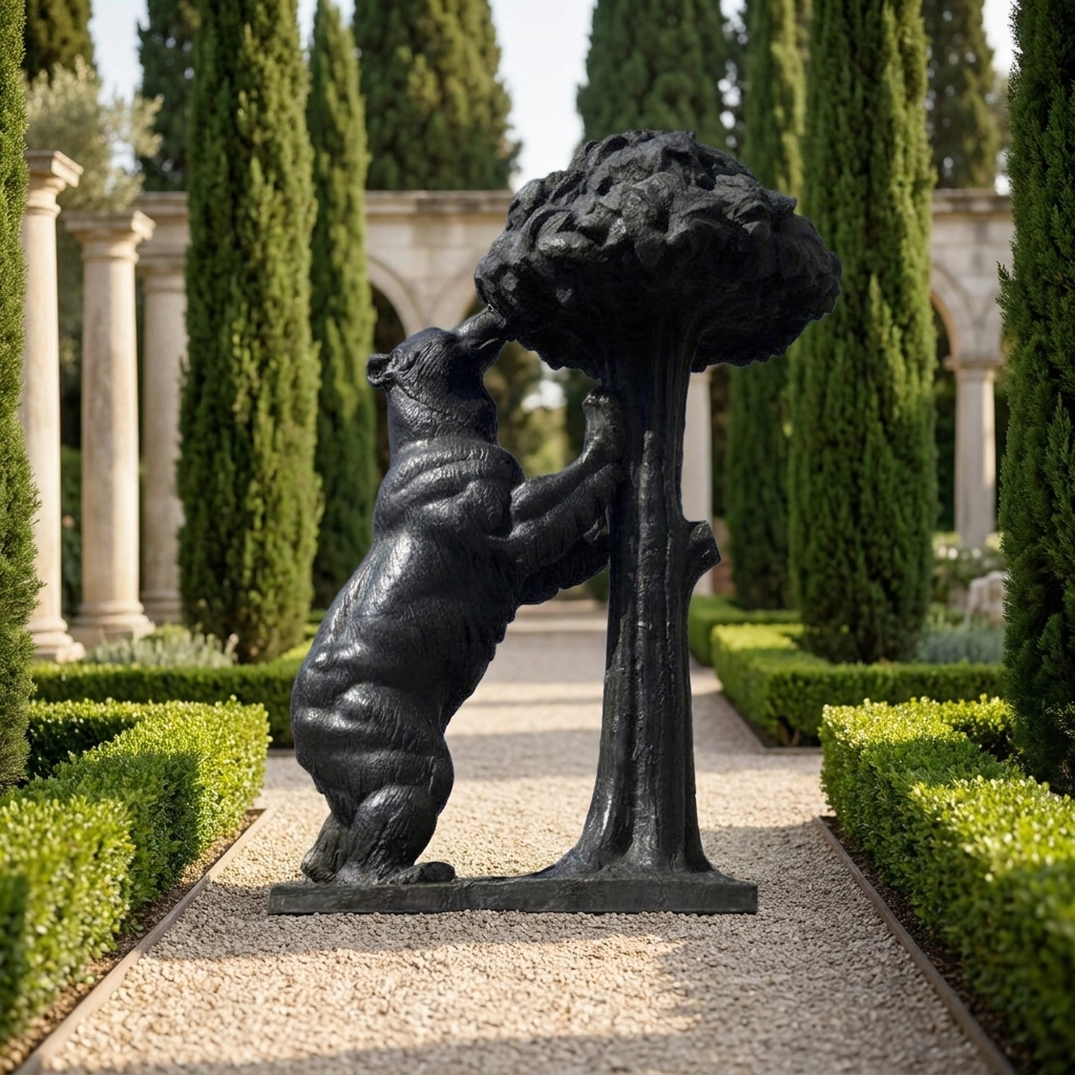 Monumental Traditional Standing Bear and Strawberry Tree Bronze Sculpture by Giant Sculptures on a gravel path lined with cypress trees and hedges.
