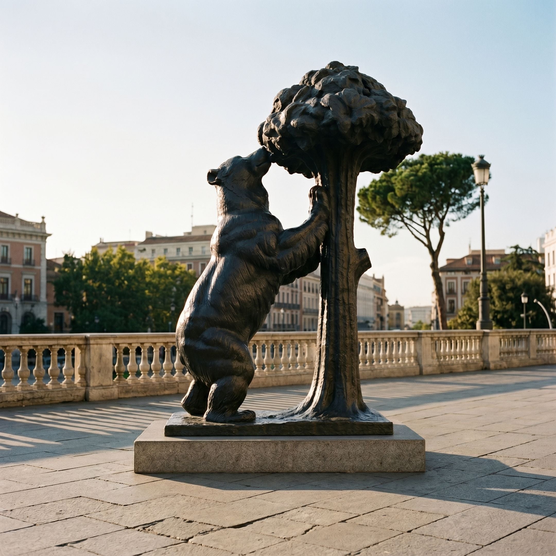 Giant Sculptures Monumental Standing Bear and Strawberry Tree bronze, 500cm, reared bear gripping a canopied tree, dark patina, displayed on a stone plaza.
