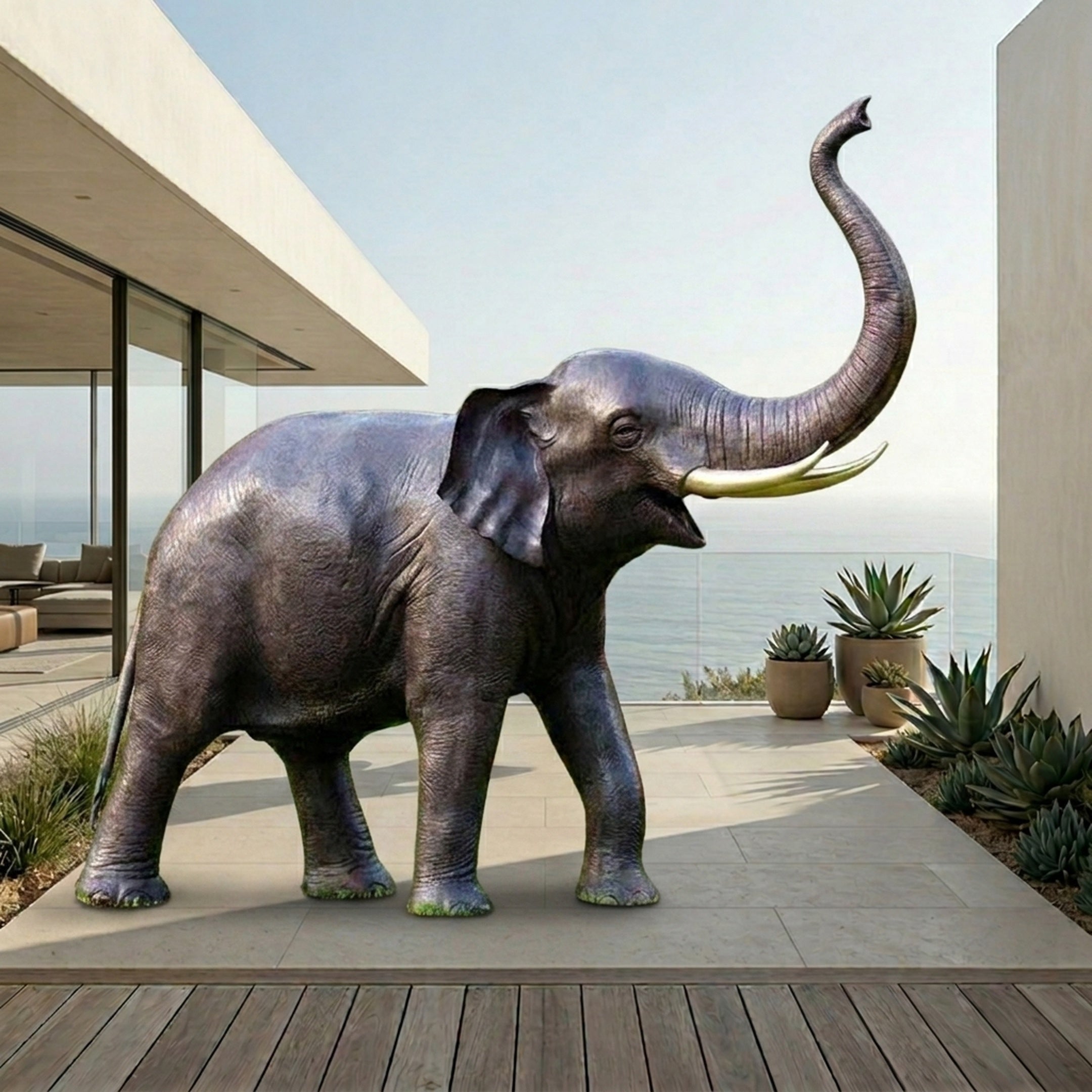 Monumental Traditional Standing Elephant Bronze Sculpture by Giant Sculptures with raised trunk and pale gold tusks on a modern oceanview terrace.
