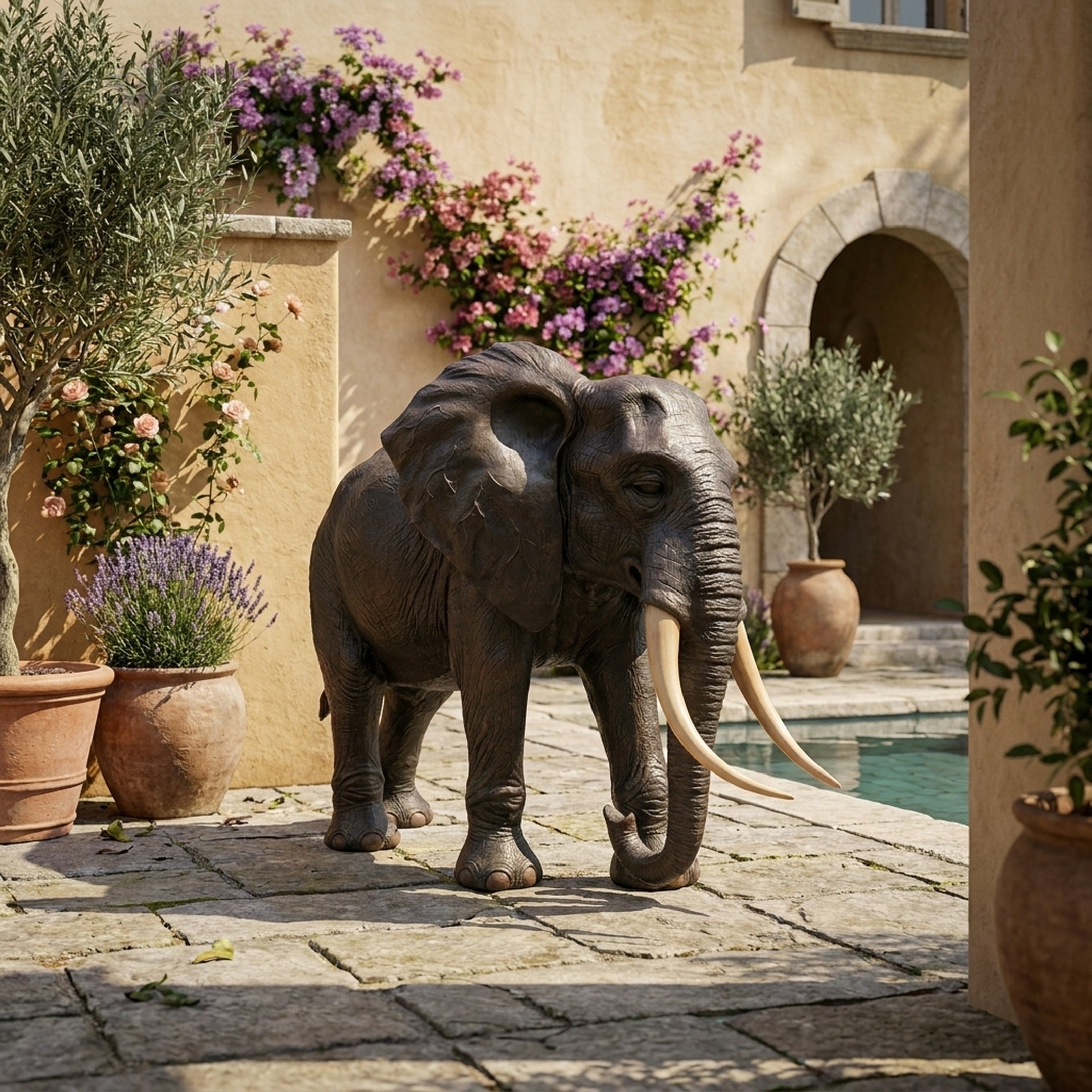 Monumental Traditional Walking Elephant Bronze Sculpture by Giant Sculptures with dark patina and ivory tusks, displayed in a Mediterranean courtyard beside a pool.
