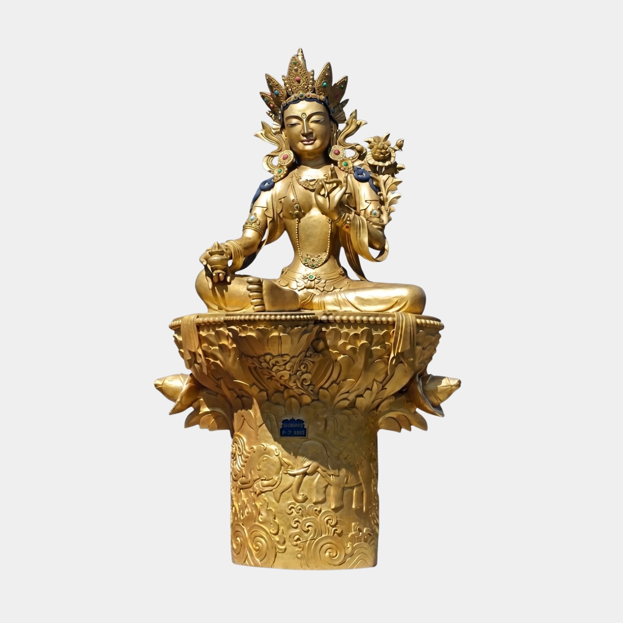 Monumental White Tara Goddess bronze sculpture by Giant Sculptures in polished gold finish, seated on a carved double-lotus throne with gemstone-inlaid crown.