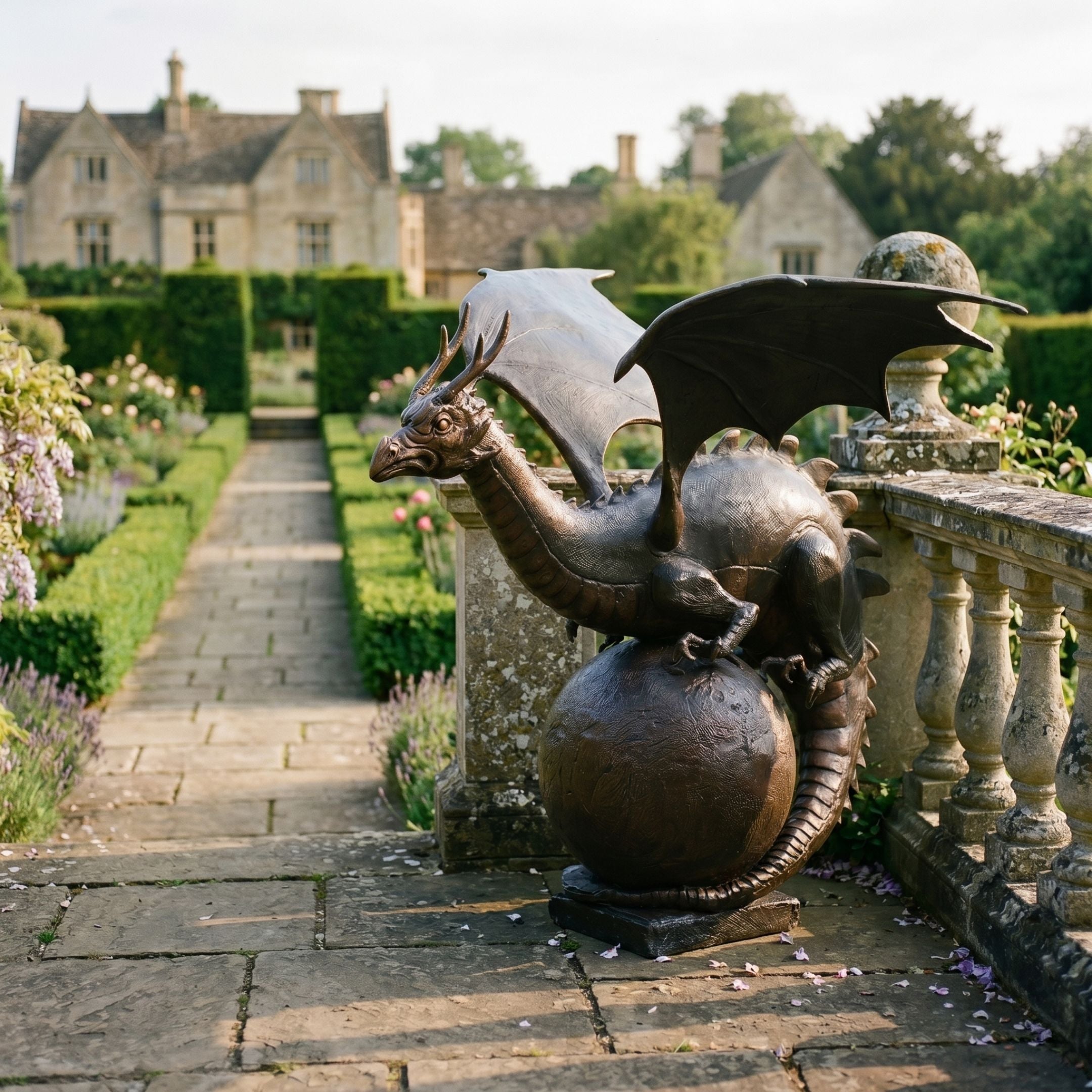 Monumental Traditional Winged Dragon on Orb Bronze Sculpture by Giant Sculptures, wings spread atop a sphere, on a manor garden terrace path.