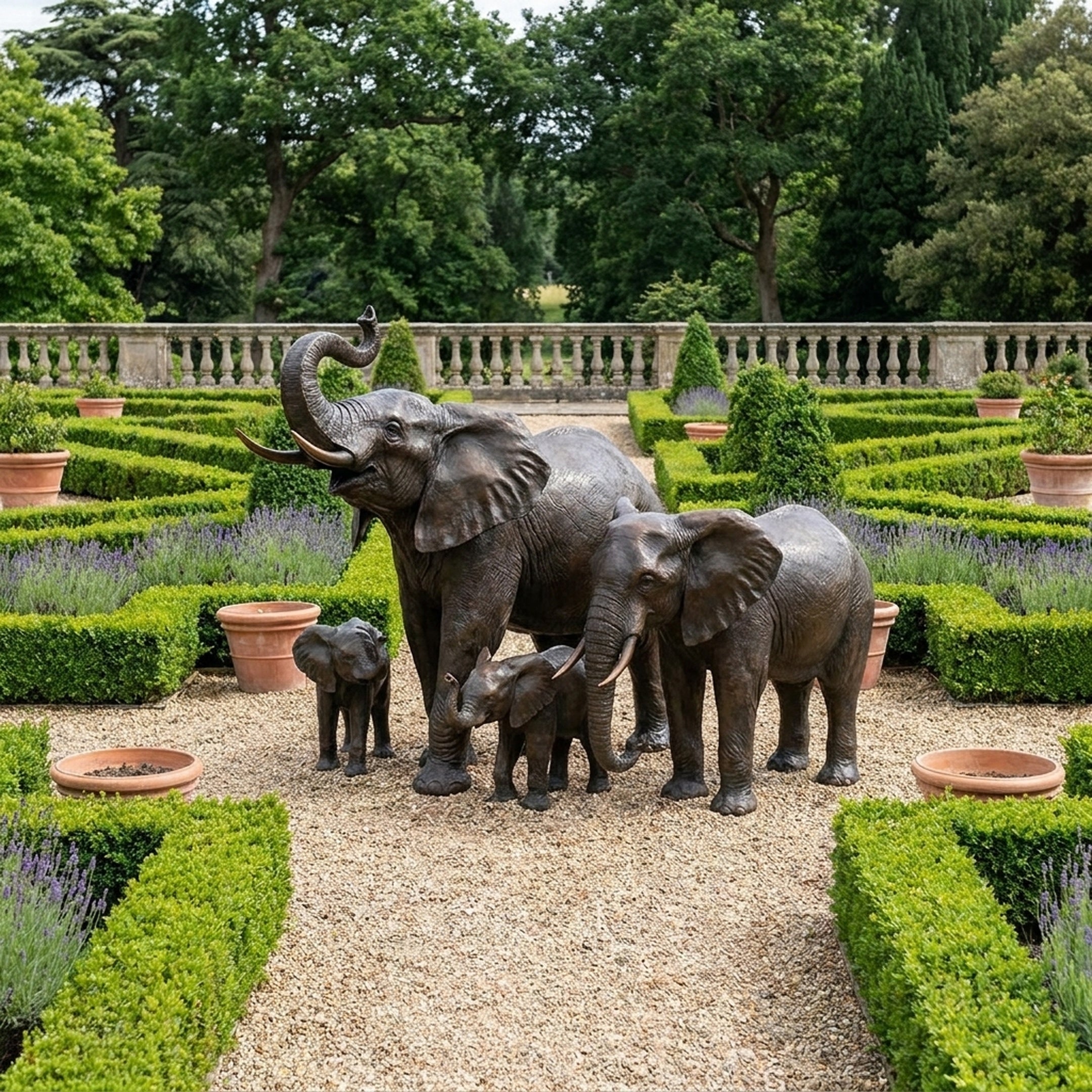 Monumental Trumpeting Elephant Herd Bronze Sculpture by Giant Sculptures, with two adults and two calves on gravel in a formal boxwood and lavender garden.