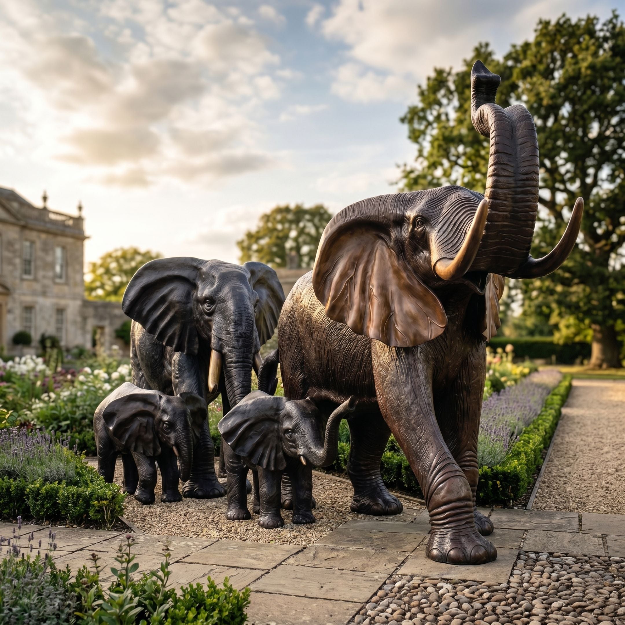 Monumental Trumpeting Elephant Herd Bronze Sculpture by Giant Sculptures, two adults and two calves in dark antique patina, set on a gravel garden path beside lavender borders.