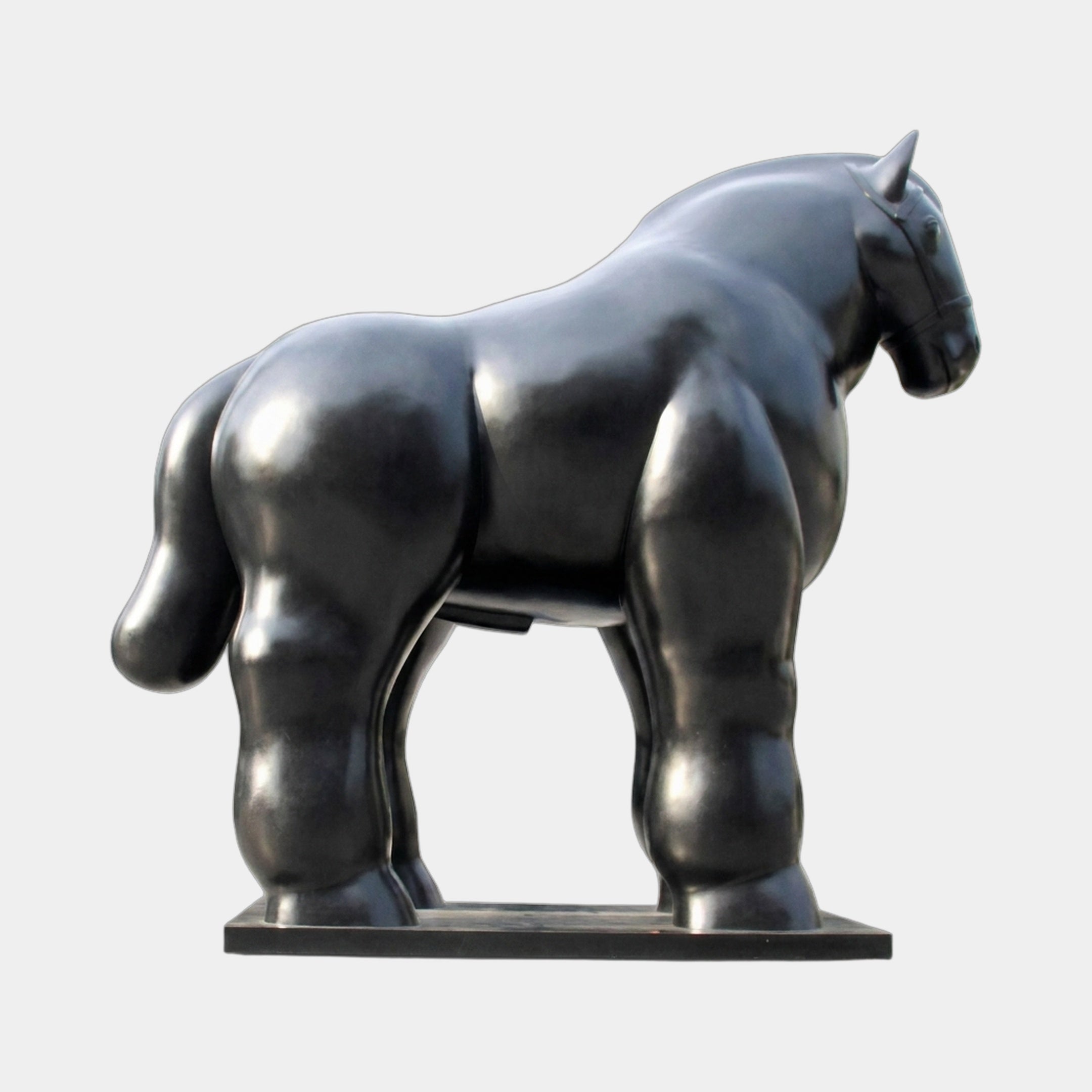 Monumental Voluminous Standing Horse Bronze Sculpture by Giant Sculptures in deep black-brown patina, side view on a rectangular base against a plain background.