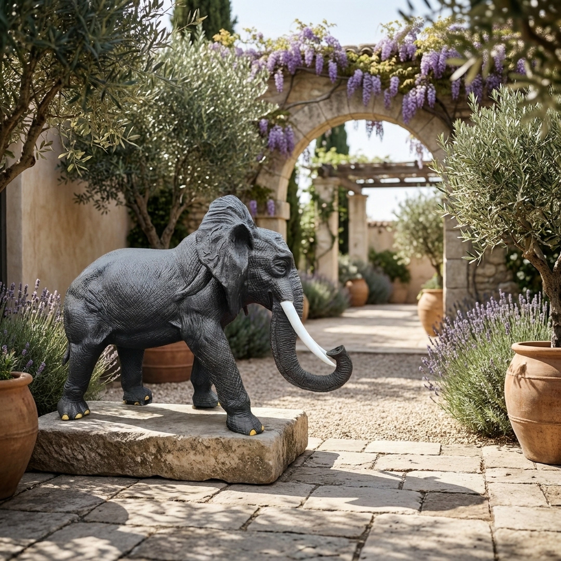 Monumental Walking Elephant Bronze Sculpture by Giant Sculptures with dark patina and white tusks, displayed on a stone slab in a Mediterranean courtyard.