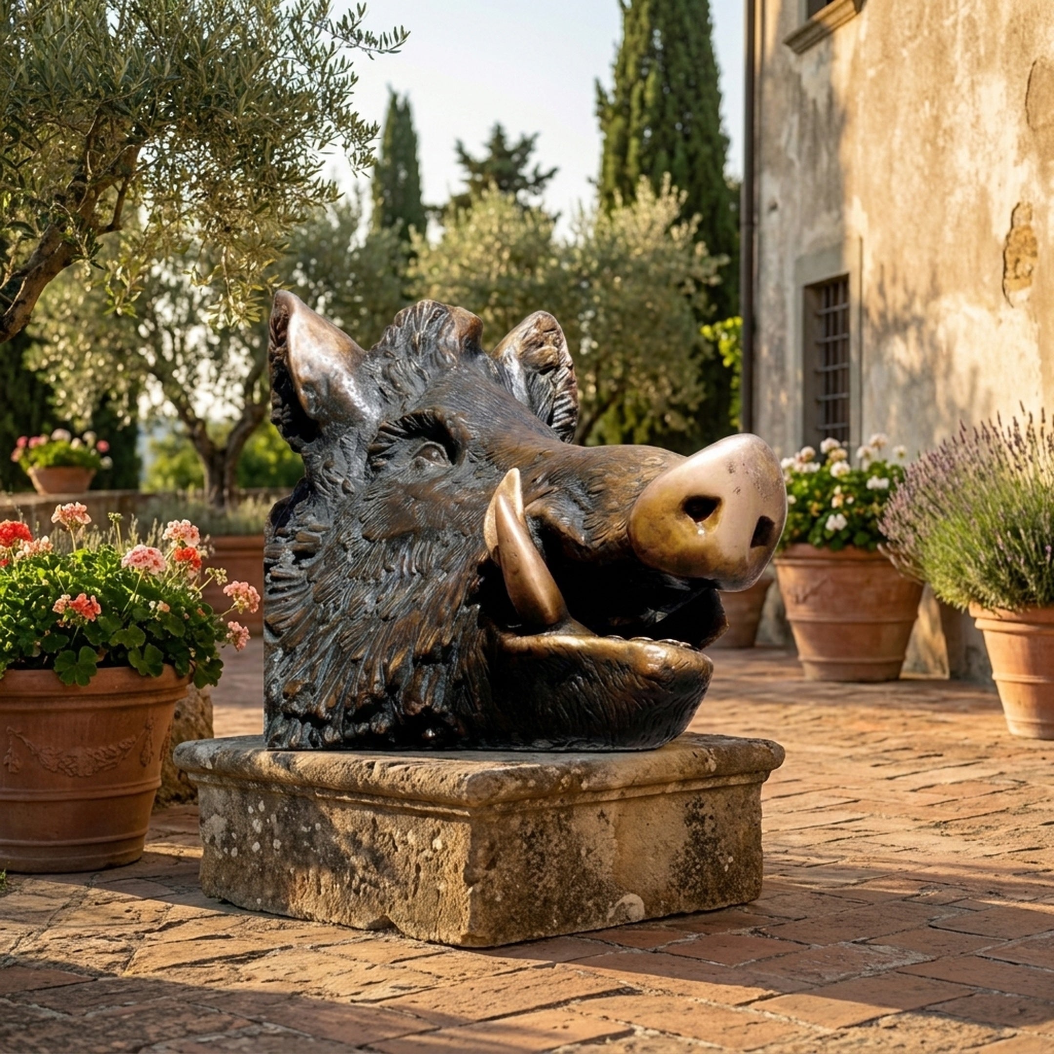 Monumental Wild Boar Head Bronze Sculpture by Giant Sculptures on a stone plinth in a Tuscan courtyard with terracotta pots of geraniums and lavender.