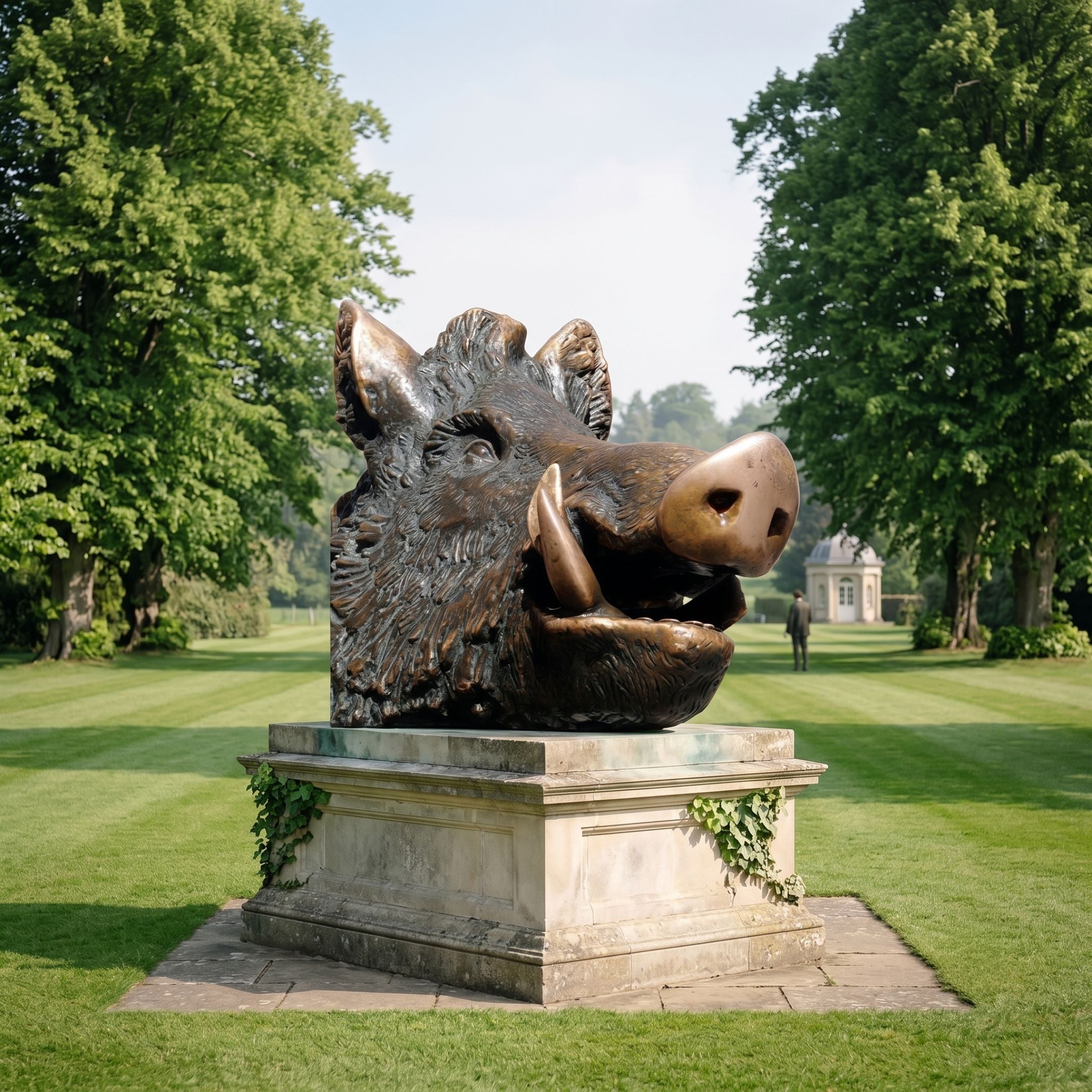 Monumental Wild Boar Head Bronze Sculpture by Giant Sculptures, two-tone dark and golden bronze patina, displayed on a stone plinth in a tree-lined garden.