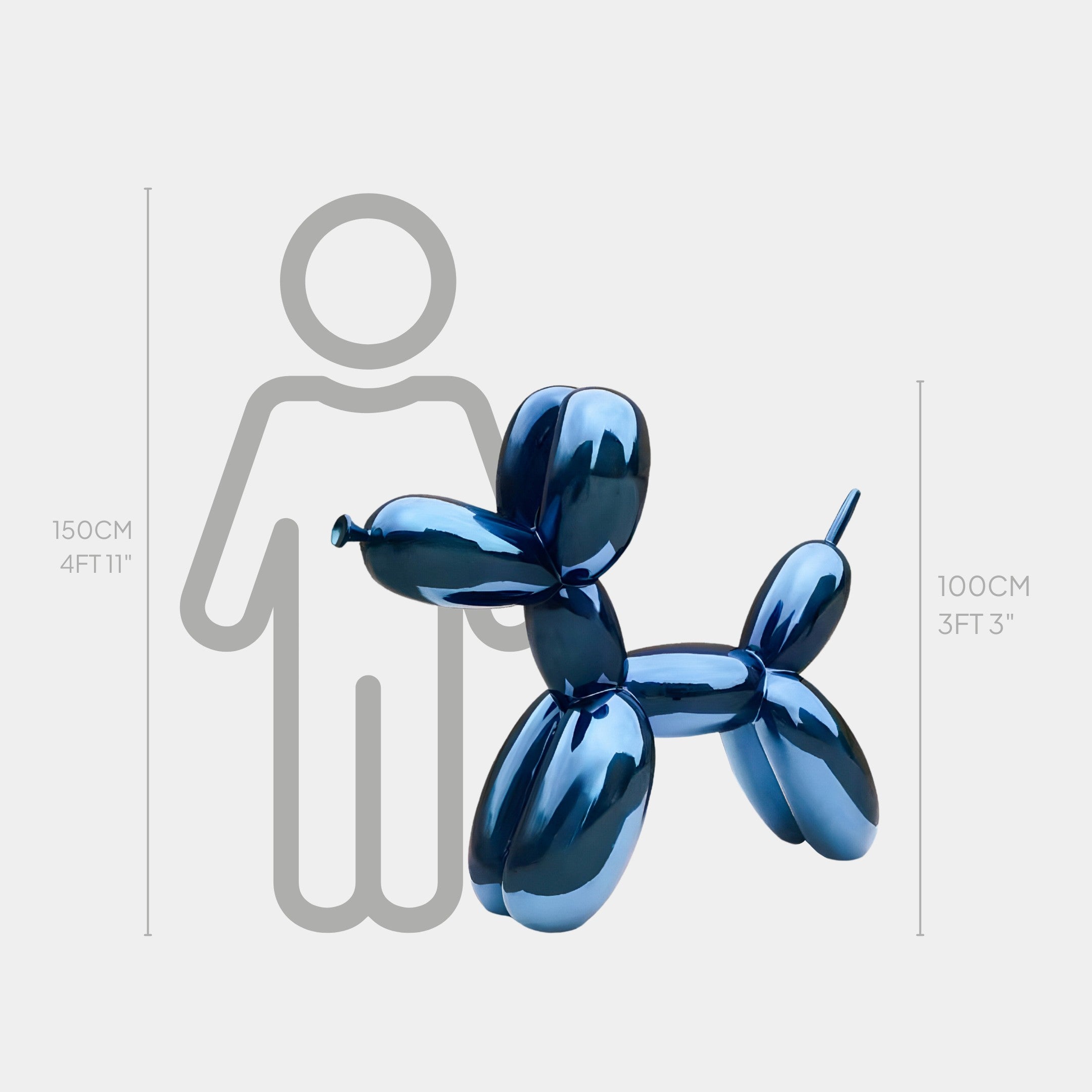 The Sapphire Blue Balloon Dog Sculpture by Giant Sculptures, at 100 cm tall, brings a reflective metallic flair to luxury spaces, sitting beside a simplified human figure outline and height markers of 150 cm.