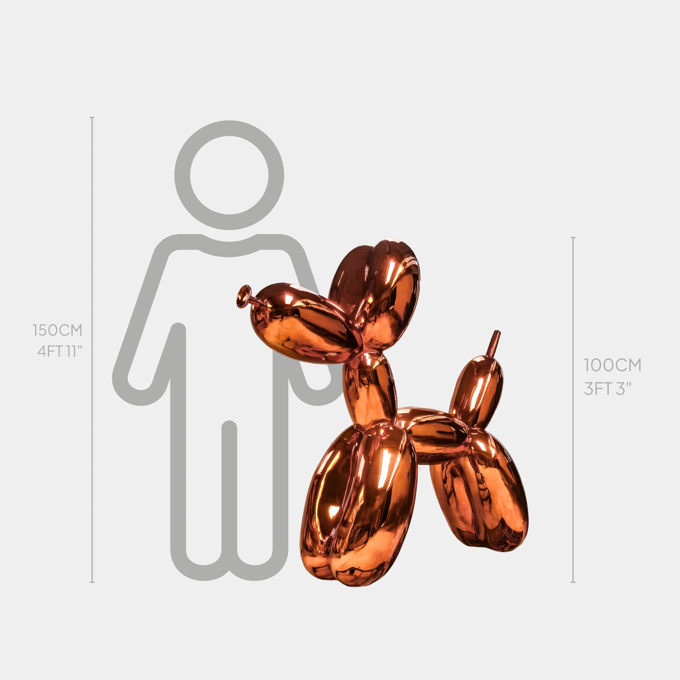 The Giant Sculptures Sunset Orange Balloon Dog Sculpture - 100cm stands in a contemporary style next to a gray human outline (150cm), highlighting the shiny, metallic dog at 100cm tall beside the taller outline.