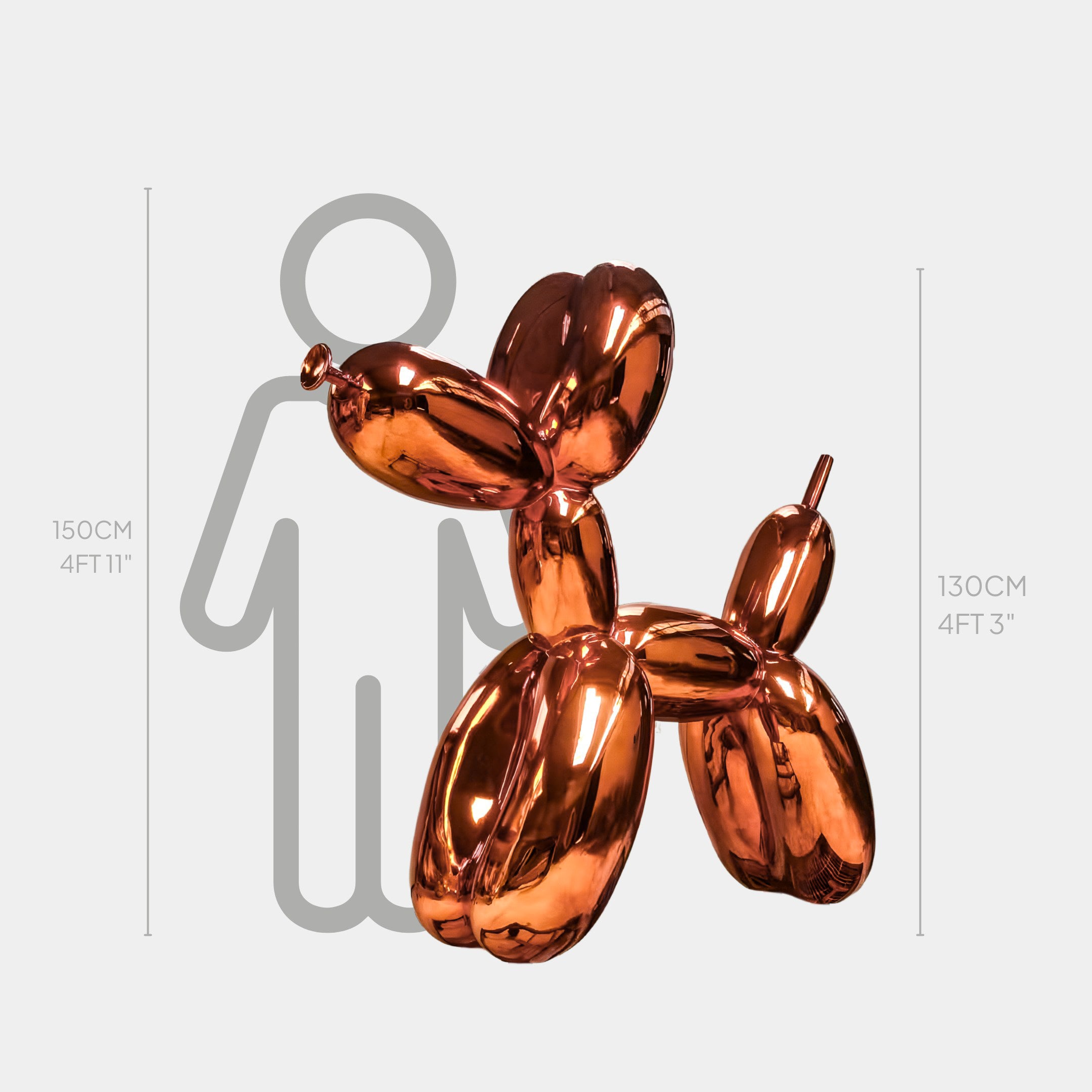 The Giant Sculptures Sunset Orange Balloon Dog Sculpture - 130cm stands with fiery elegance beside a gray outline of a person for scale; the person is 150 cm (4 ft 11 in) tall and the sculpture is 130 cm (4 ft 3 in) tall.