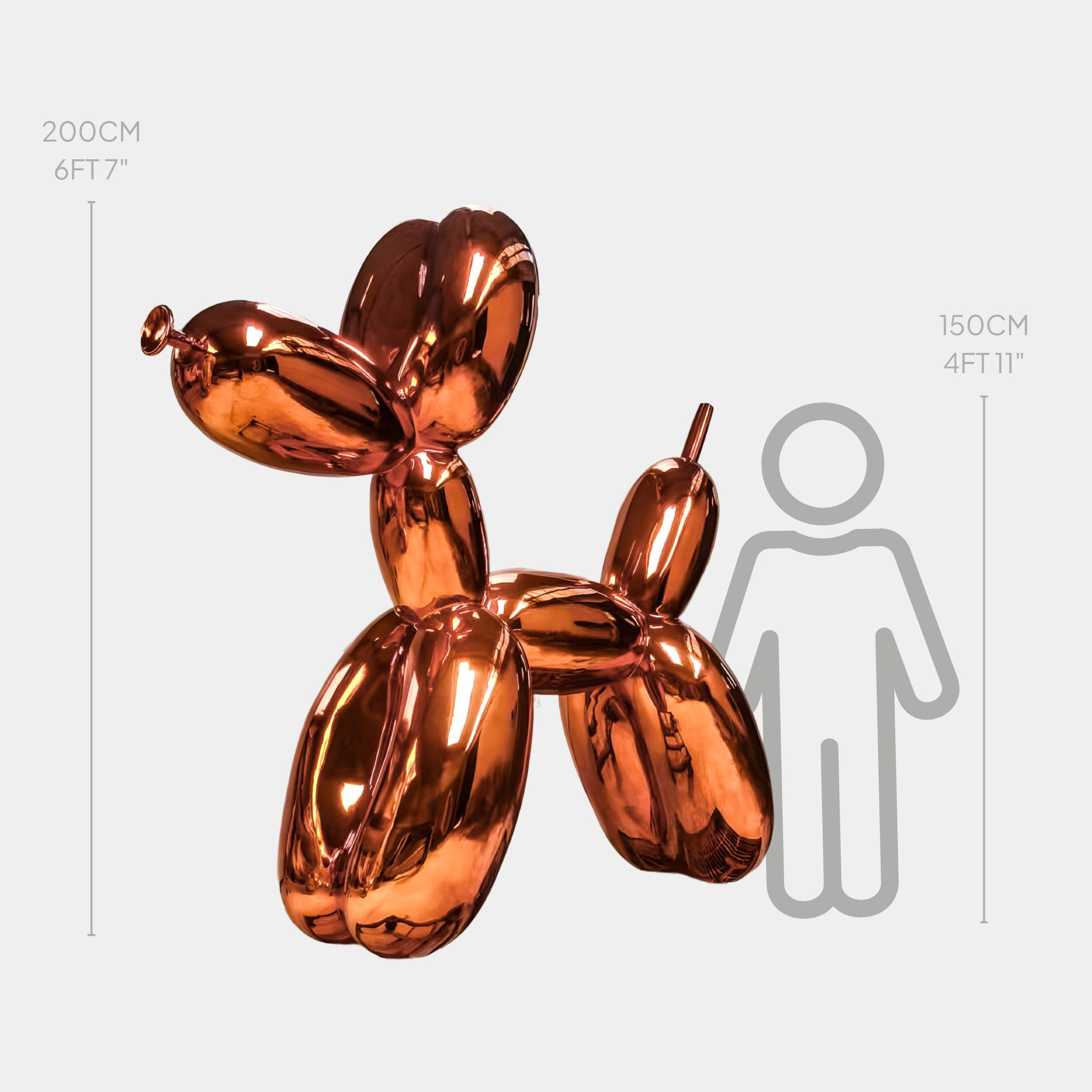 The Giant Sculptures Sunset Orange Balloon Dog Sculpture - 200cm stands beside a 150 cm human figure, highlighting this modern, luxurious decor piece’s impressive 200 cm (6 ft 7 in) height.