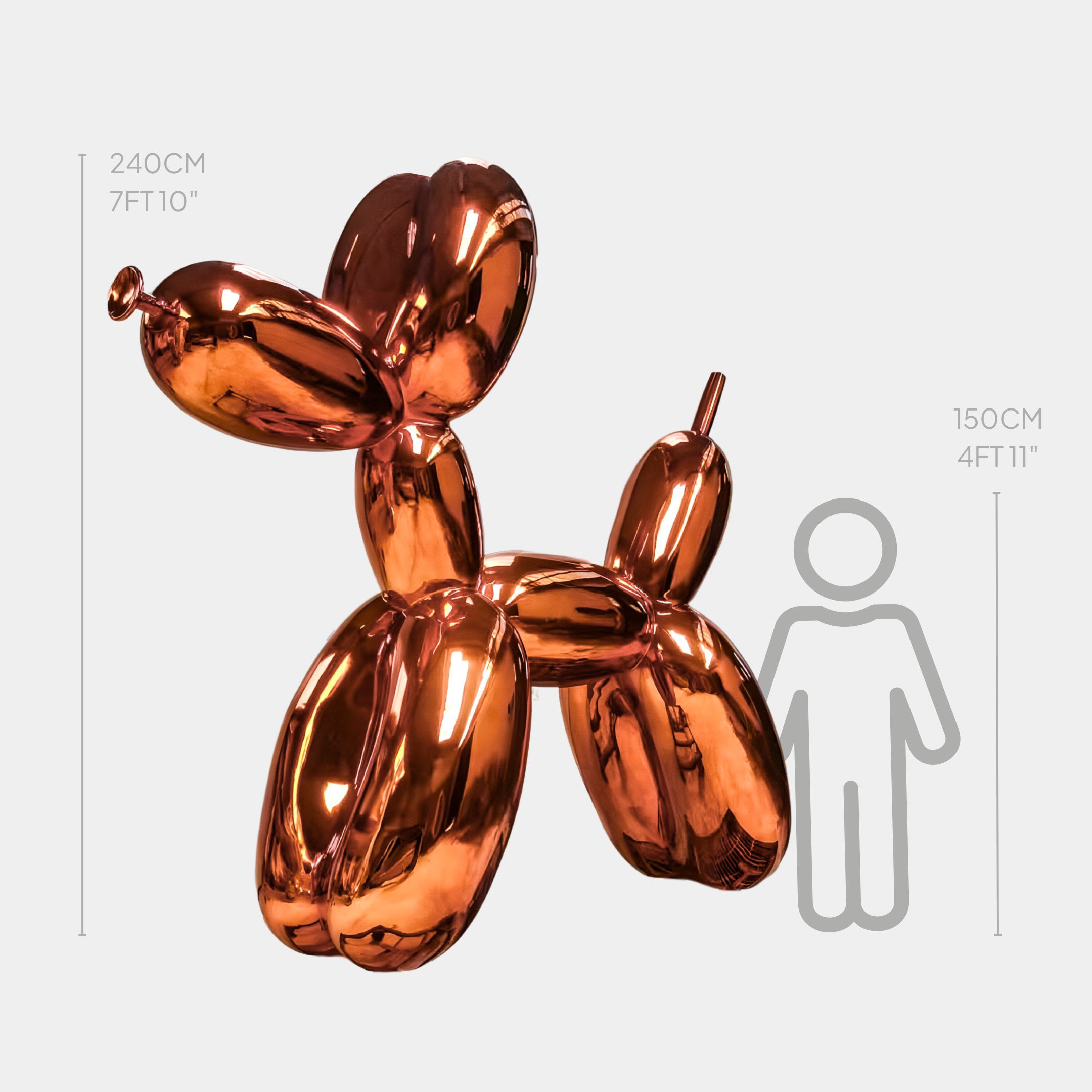The Sunset Orange Balloon Dog Sculpture by Giant Sculptures stands 240cm (7 ft 10 in) tall, towering over a 150cm (4 ft 11 in) human figure shown for scale.