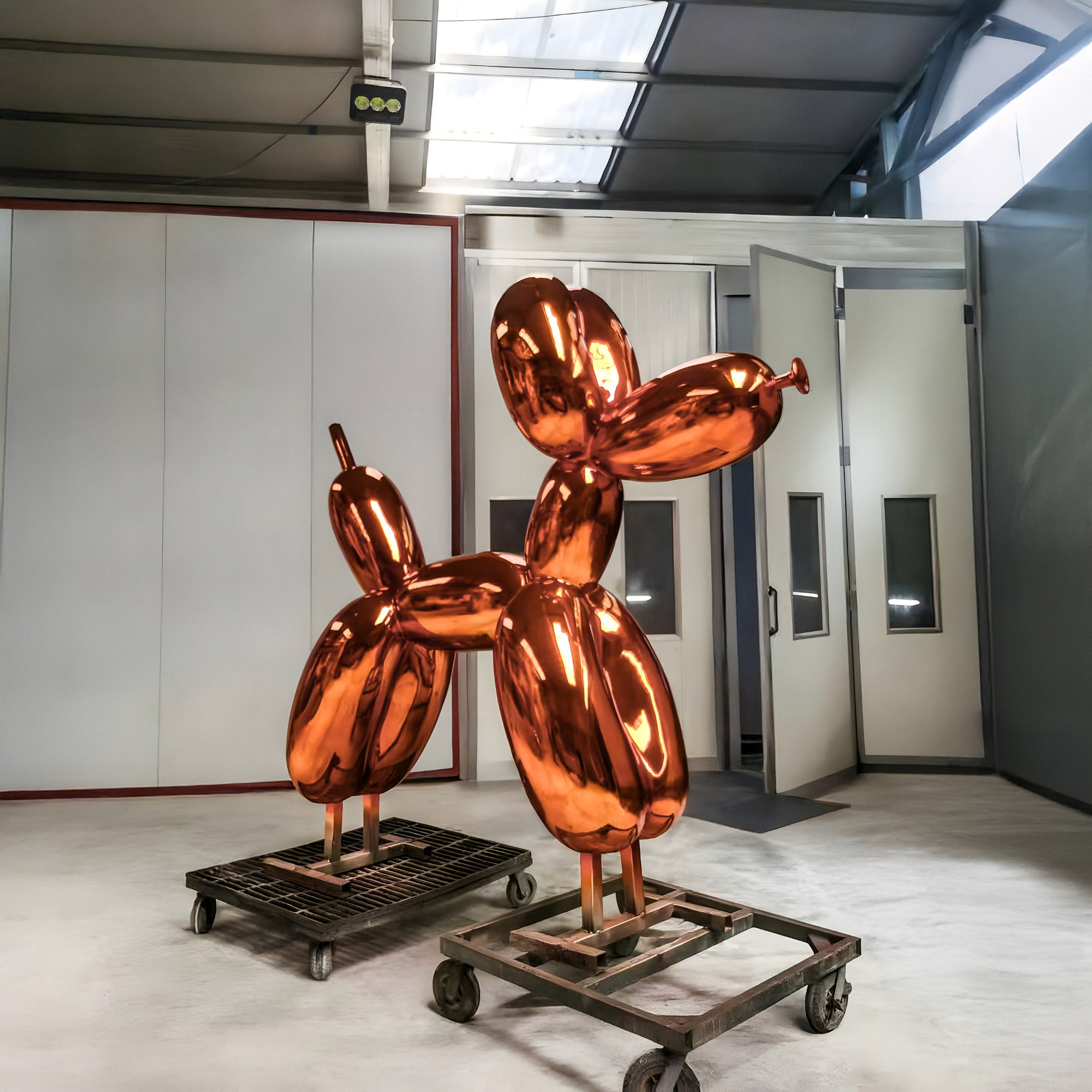 The Sunset Orange Balloon Dog Sculpture - 80cm by Giant Sculptures stands on a wheeled platform in an industrial workshop with white walls and open doors, capturing the playful essence of modern art.