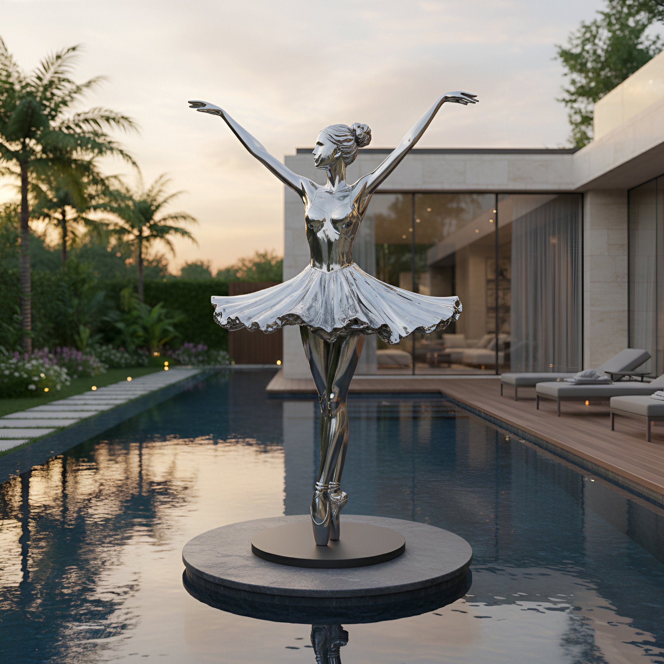 The Grace Silver Ballet Steel Sculpture (180cm) by Giant Sculptures stands elegantly on a circular platform in a pool beside a modern house, framed by palm trees and lounge chairs at sunset.