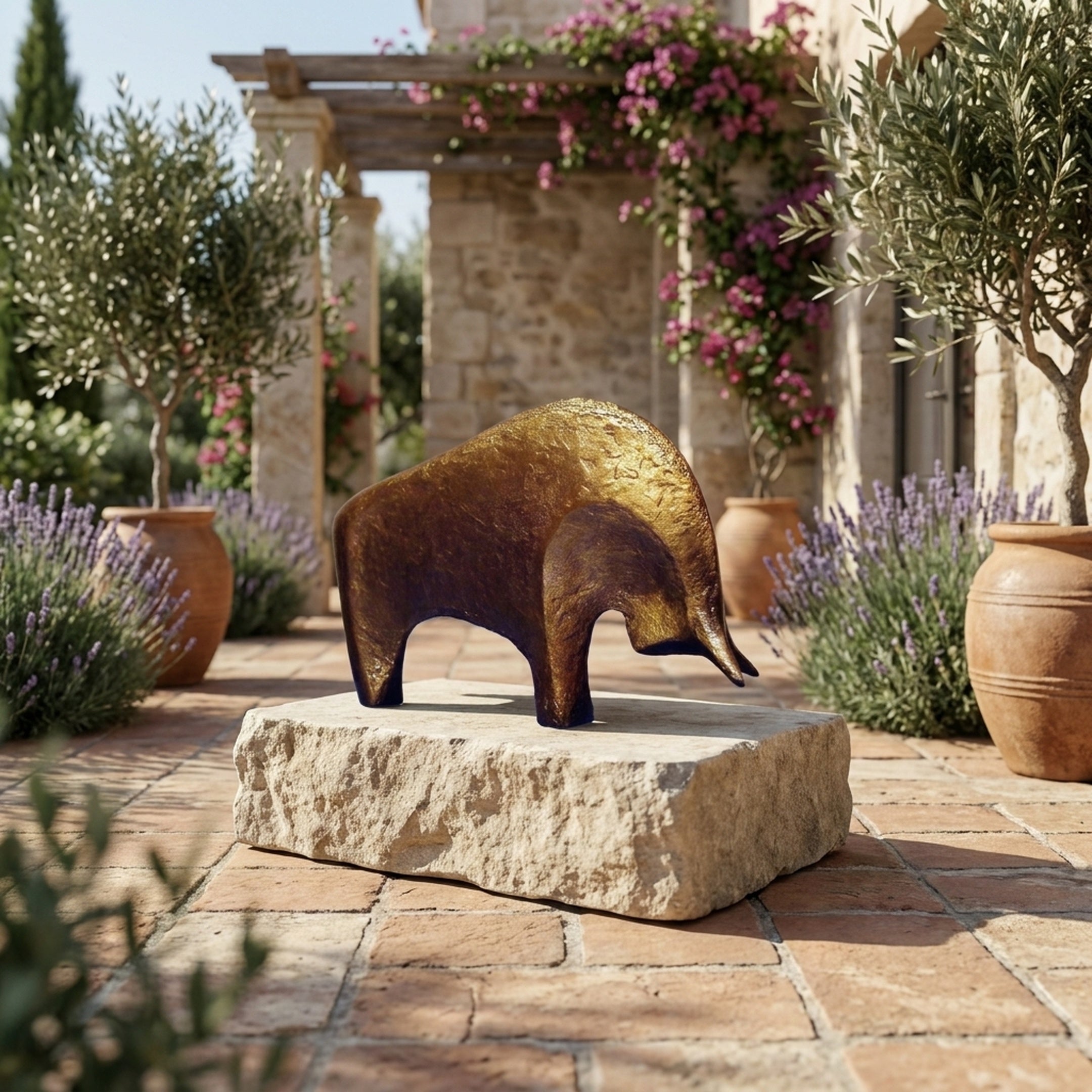 Small Modern Abstract Bull Bronze Sculpture by Giant Sculptures with golden-brown patina, displayed on a stone plinth in a Mediterranean courtyard with lavender.