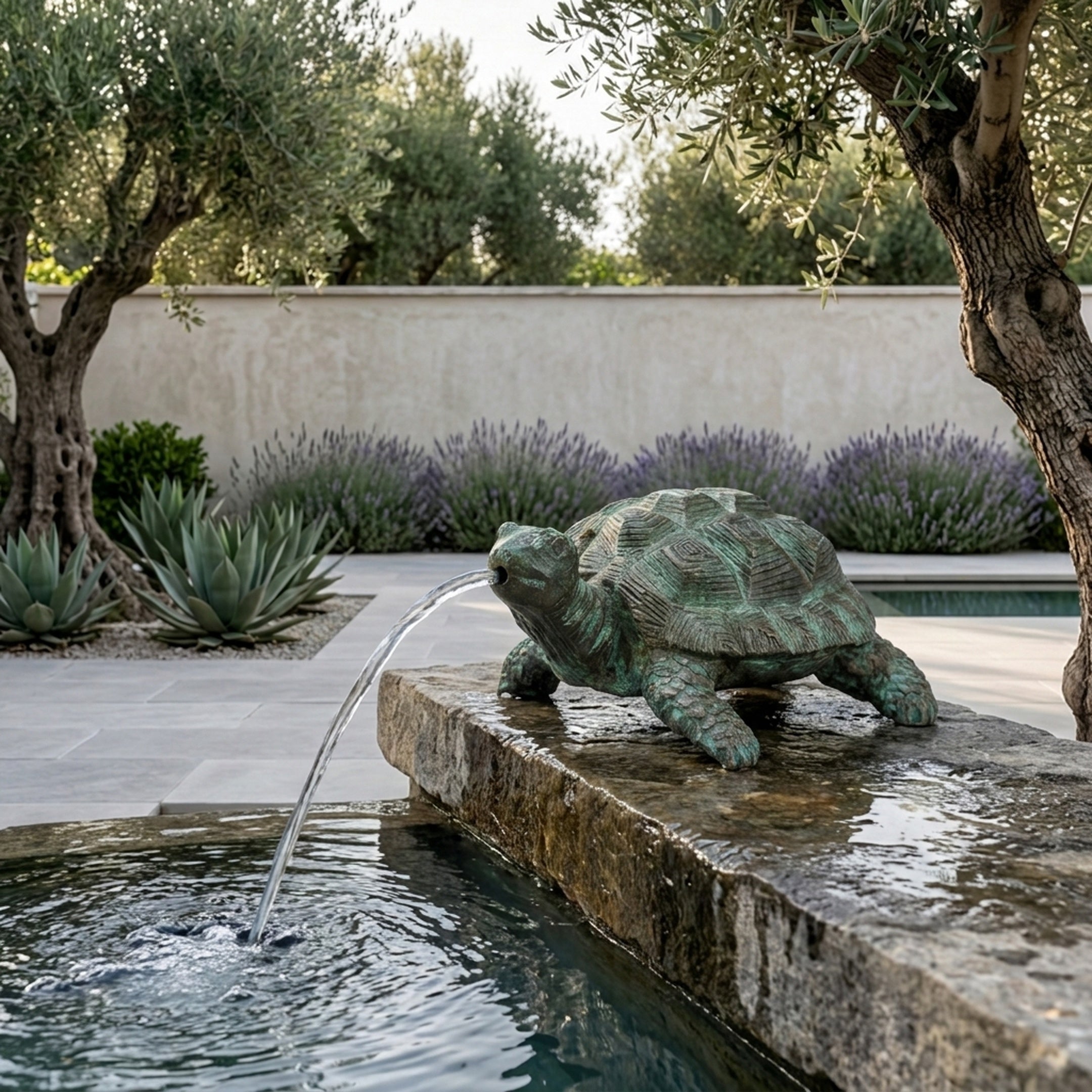 Small Traditional Tortoise Bronze Fountain by Giant Sculptures in verde antique patina, perched on a stone ledge spouting water into a pool in a Mediterranean garden.