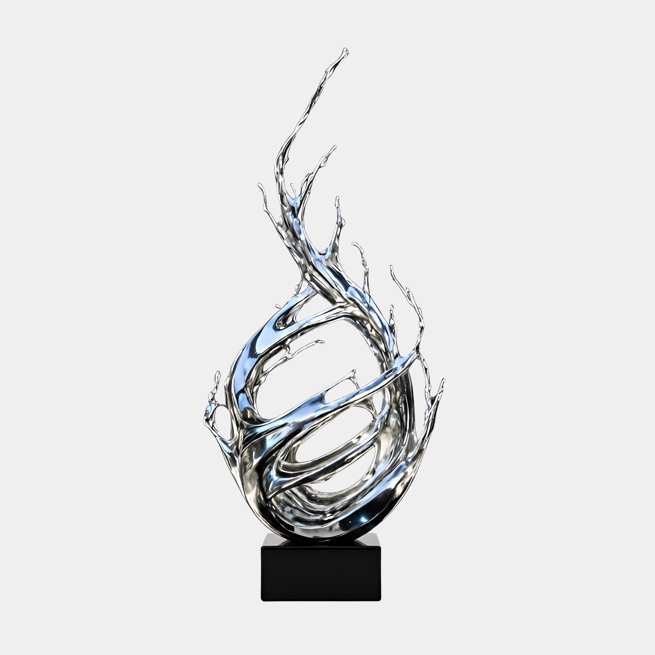 The Surge Silver Abstract Steel Sculpture by Giant Sculptures features twisting, reflective metal forms on a black base, standing 320cm tall and displayed against a plain white background.