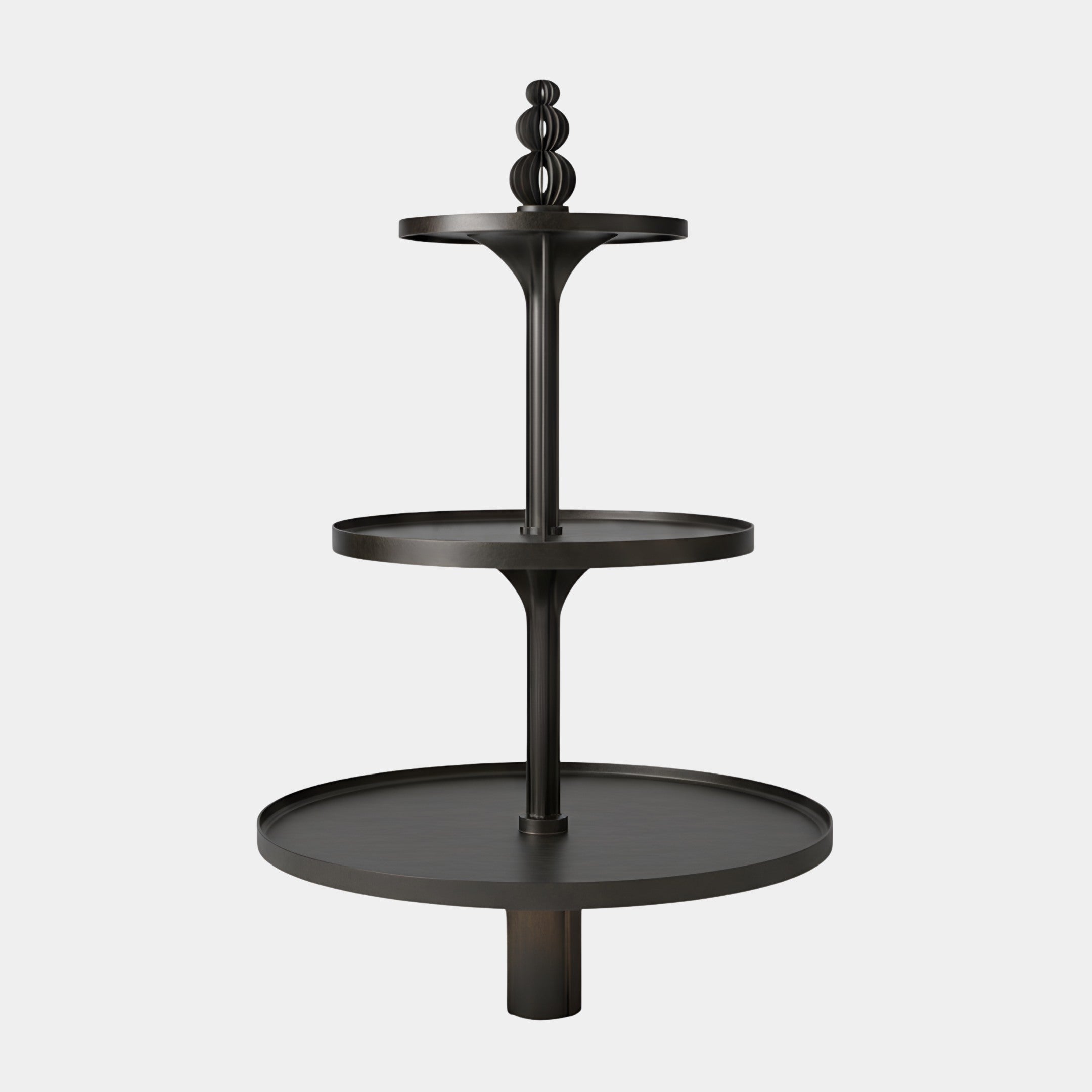 The Tieron Bronze 3-Tier Fountain Steel Sculpture by Giant Sculptures stands 210cm tall with round trays of increasing size and a decorative finial, resembling a modern fountain, set against a plain light background.
