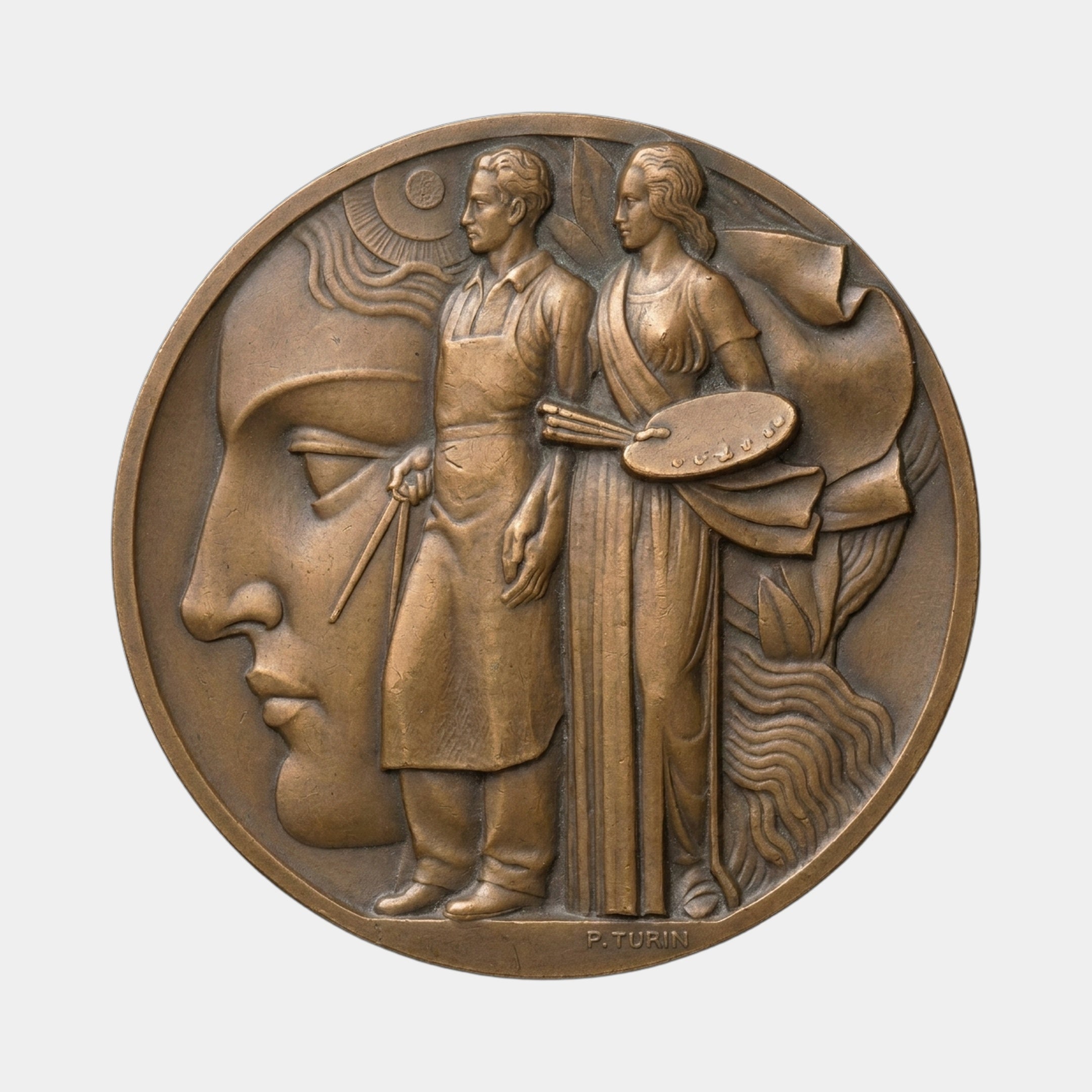 Giant Sculptures Traditional Artisan and Painter Bronze Relief, 30cm circular medallion with two figures, palette, and Art Deco profile face in warm brown patina.