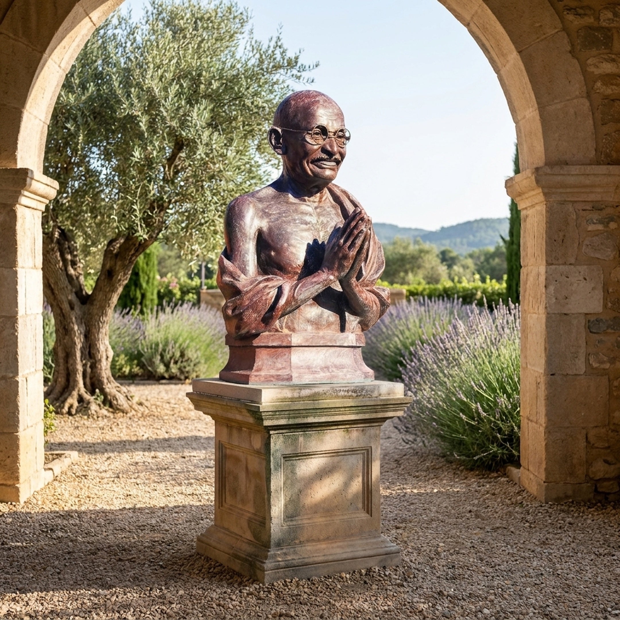 Traditional Bespectacled Elder Bust by Giant Sculptures in reddish-brown bronze, hands in namaste, on a stone plinth beneath an arch in a lavender garden.