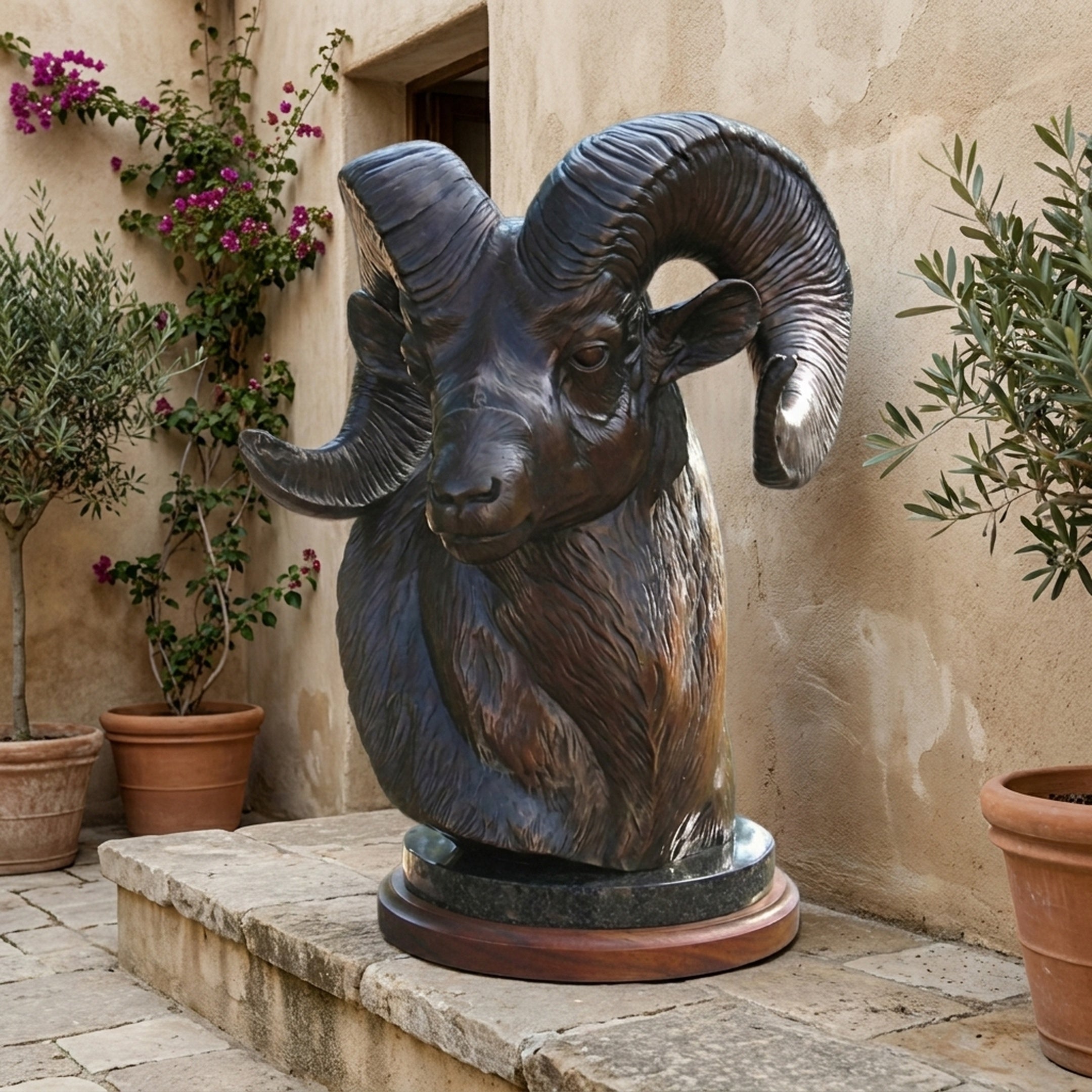 Traditional Bighorn Ram Head Bronze Bust by Giant Sculptures on a granite and wood base, displayed on a stone patio beside potted olive trees and bougainvillea.