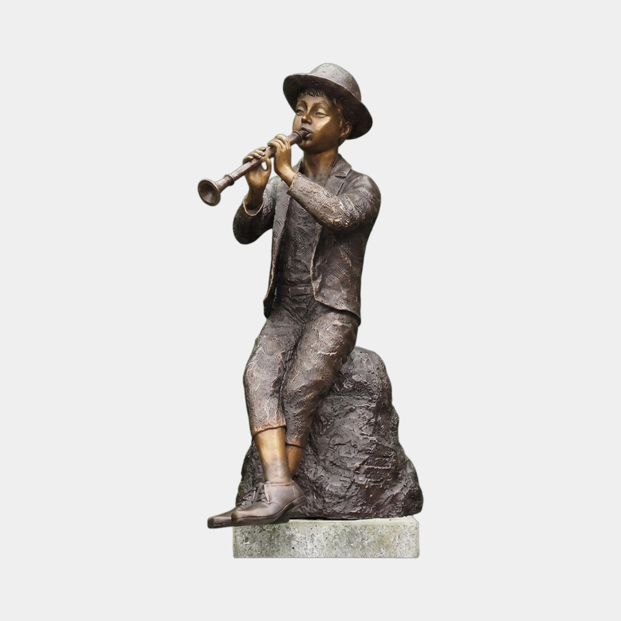 Giant Sculptures Traditional Boy Playing Flute Fountain Bronze Sculpture 130cm, hatted boy seated on a rock playing a recorder, warm brown patina on a plinth.