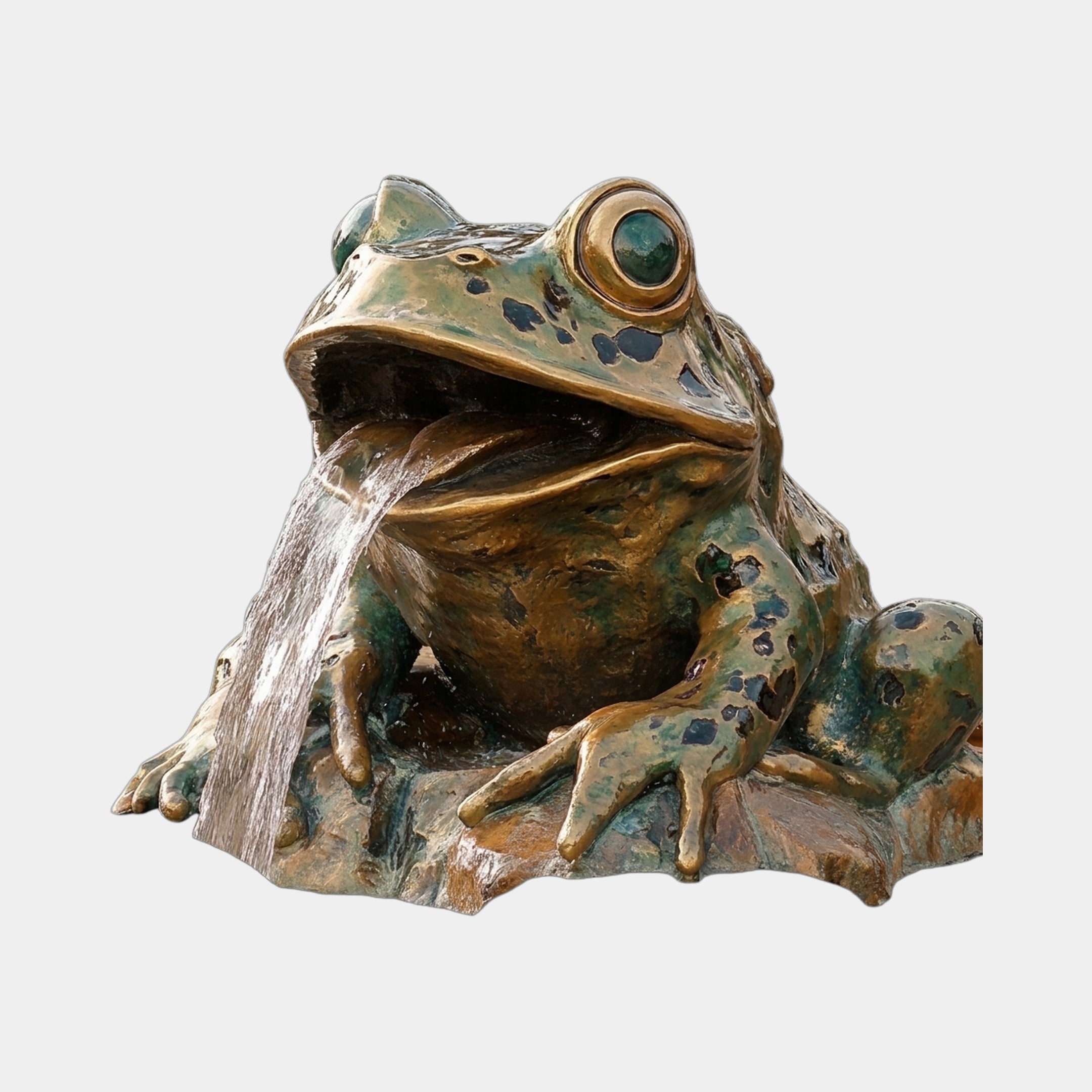Traditional Bronze Frog Fountain Sculpture by Giant Sculptures, 120cm, with verdigris patina and water streaming from its open mouth, shown on a plain background.