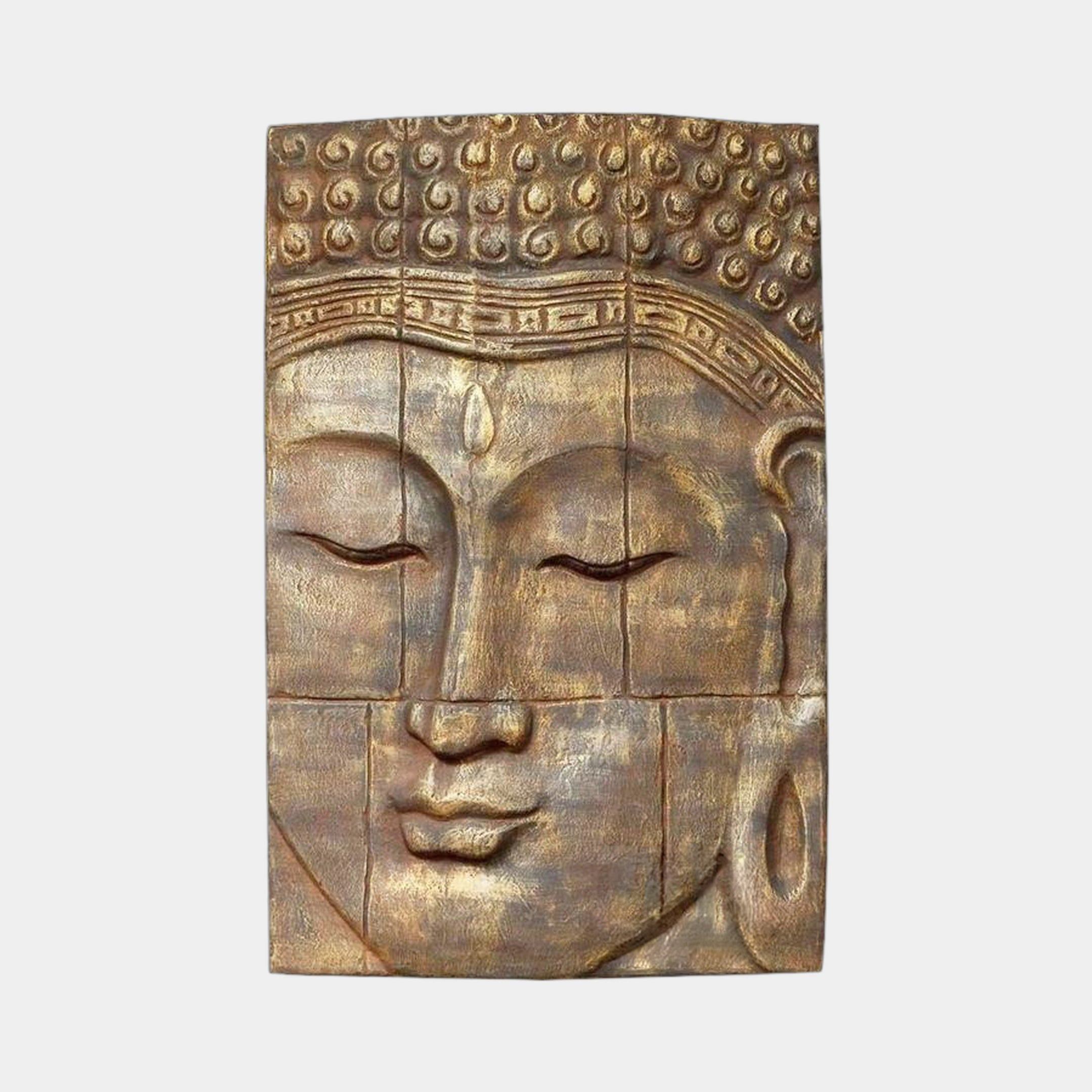 Traditional Buddha Face Bronze Relief by Giant Sculptures, a 40cm wall panel with closed eyes, urna mark, and spiral ushnisha in warm golden-brown patina.