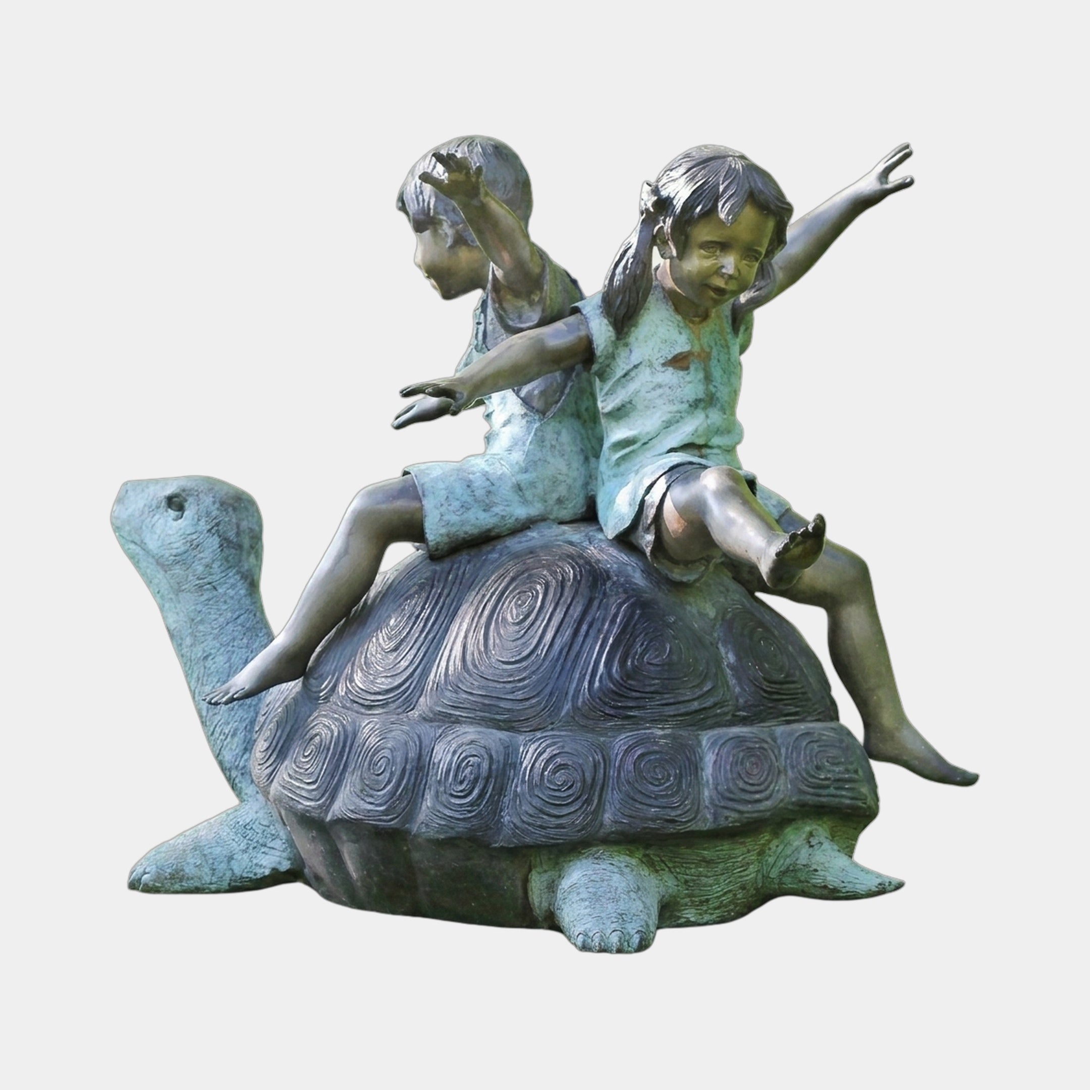 Giant Sculptures Traditional Children on Tortoise Bronze Sculpture 140cm, two children seated back-to-back on a spiral-shelled tortoise with arms raised, verdigris patina.