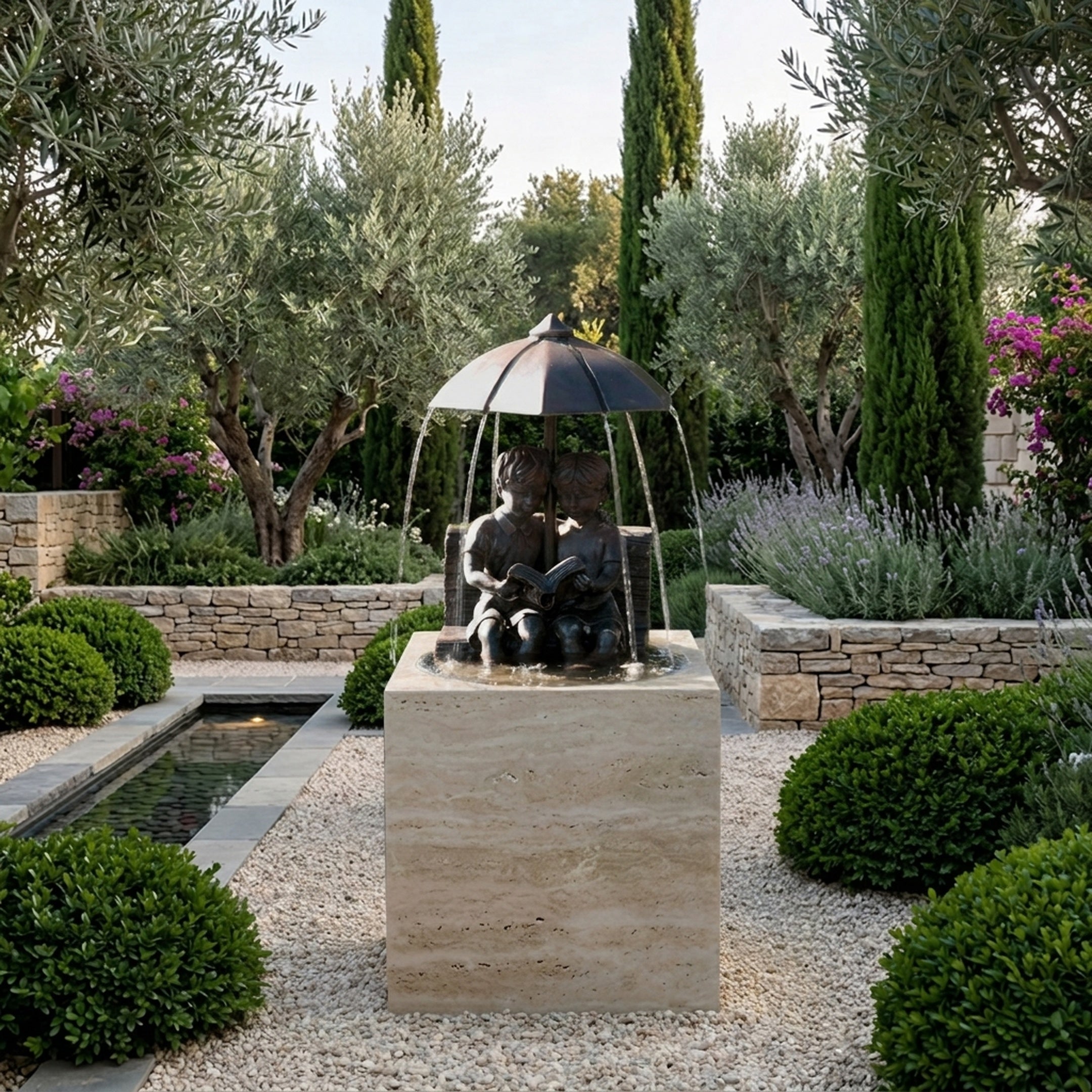 Giant Sculptures Traditional Children Reading Fountain in dark bronze, two children reading under an umbrella canopy on a travertine plinth in a Mediterranean garden.