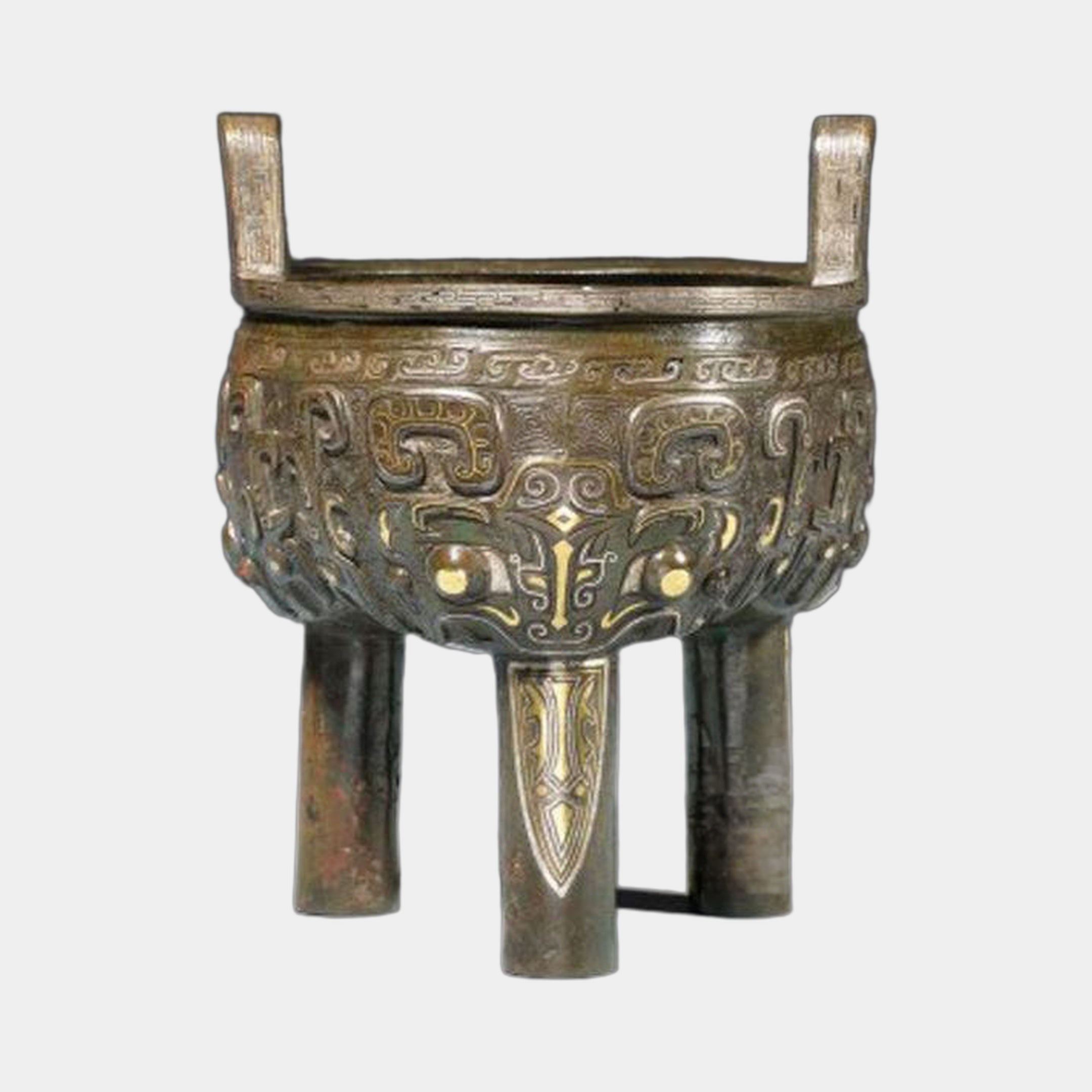 Giant Sculptures Traditional Chinese Ding Vessel Bronze Sculpture 30cm, tripod cauldron with taotie reliefs, gold inlay, twin loop handles, plain background.
