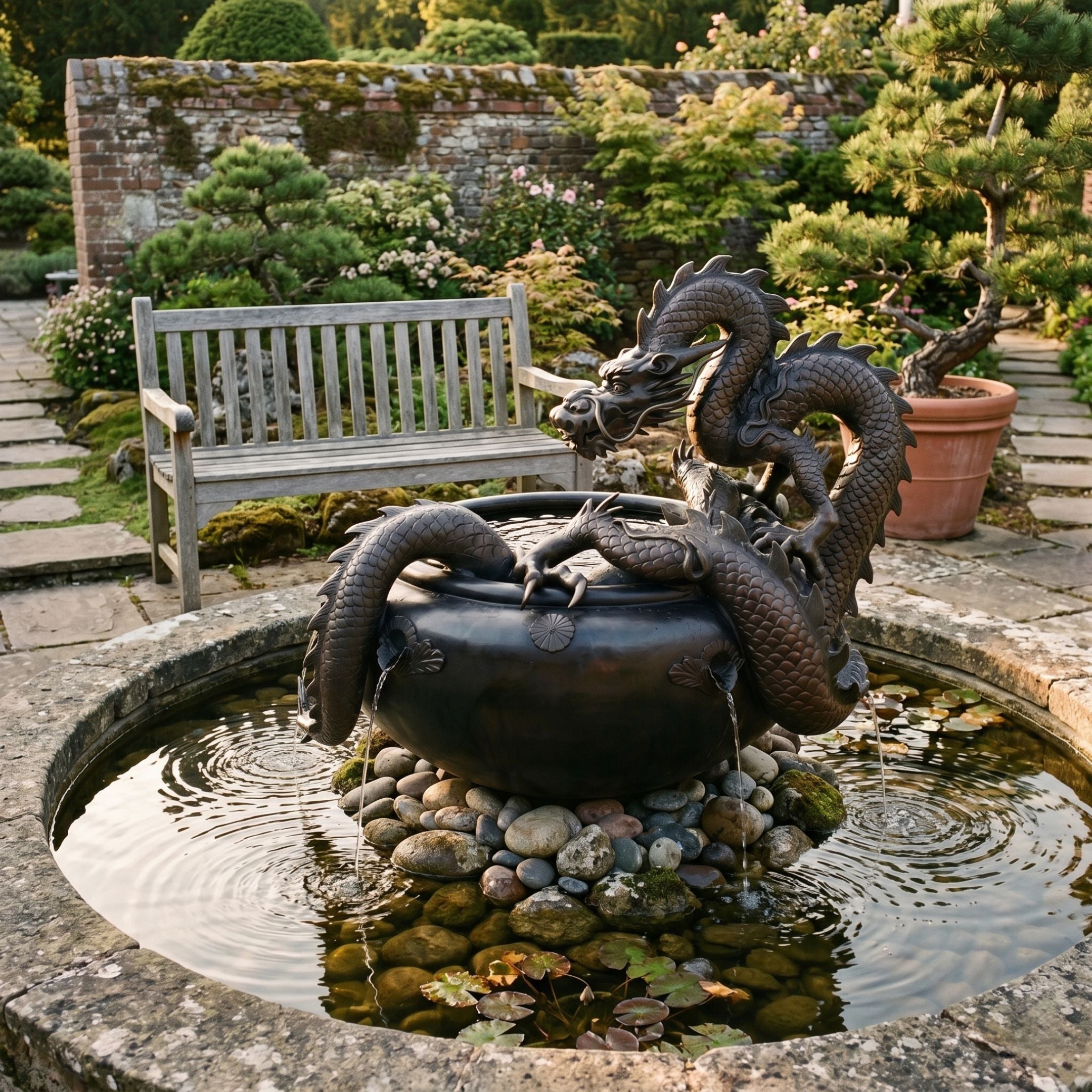 Traditional Chinese Dragon and Cauldron Bronze Fountain by Giant Sculptures, with the dragon coiled around a lotus-decorated bowl in a walled garden beside a weathered wooden bench.