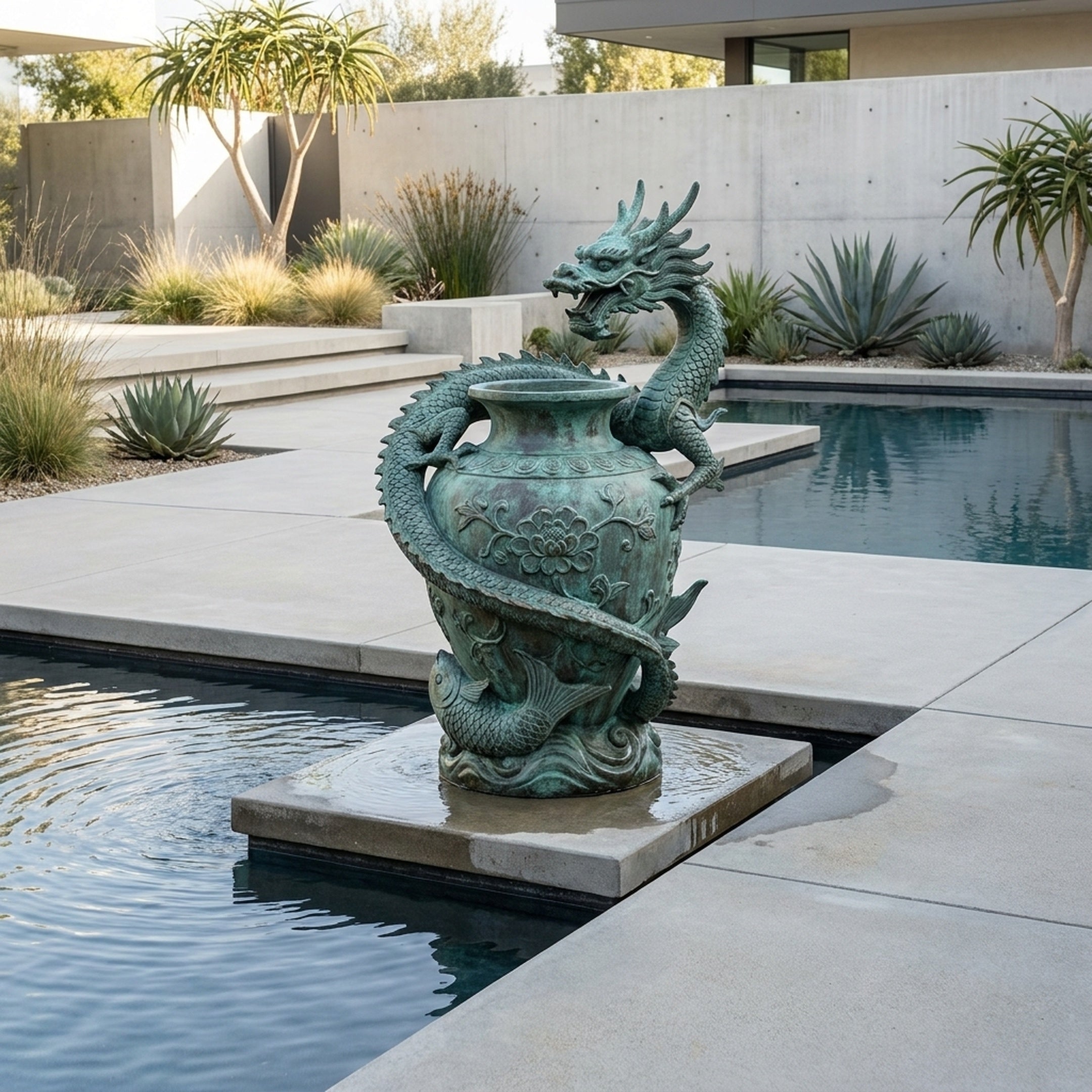 Traditional Chinese Dragon and Fish Vessel Bronze Sculpture by Giant Sculptures in verdigris patina, displayed on a plinth beside a pool in a modern desert garden.